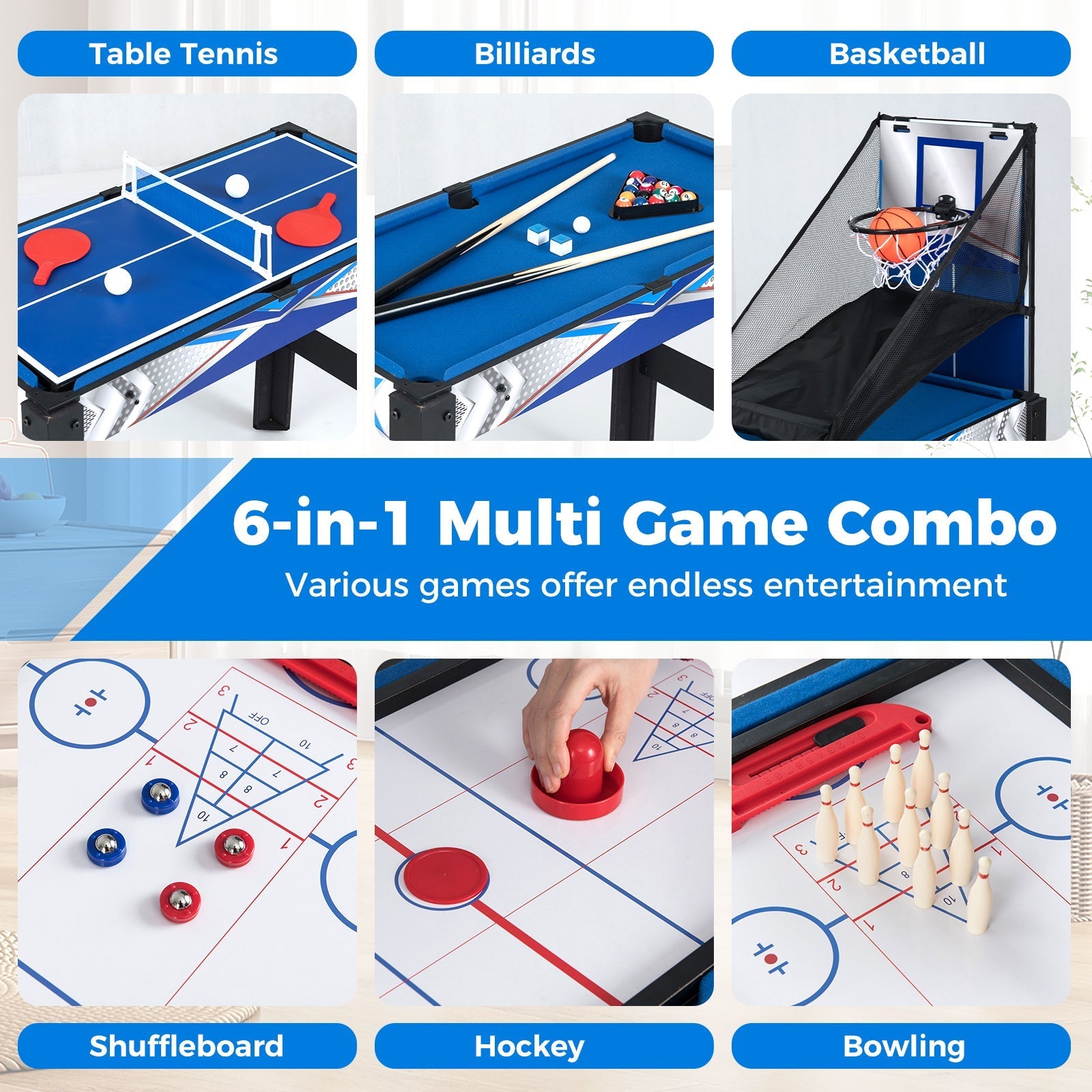 6-In-1 Combo Game Table with Basketball Billiards Ping Pong Hockey Shuffleboard