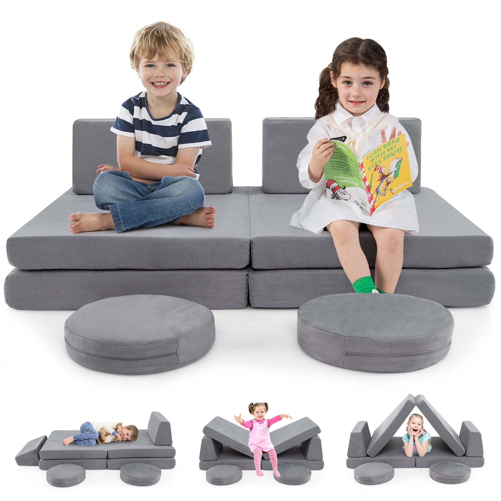 6 Pieces Modular Kids Play Couch Set with Washable Covers for Living Room Playroom-Gray