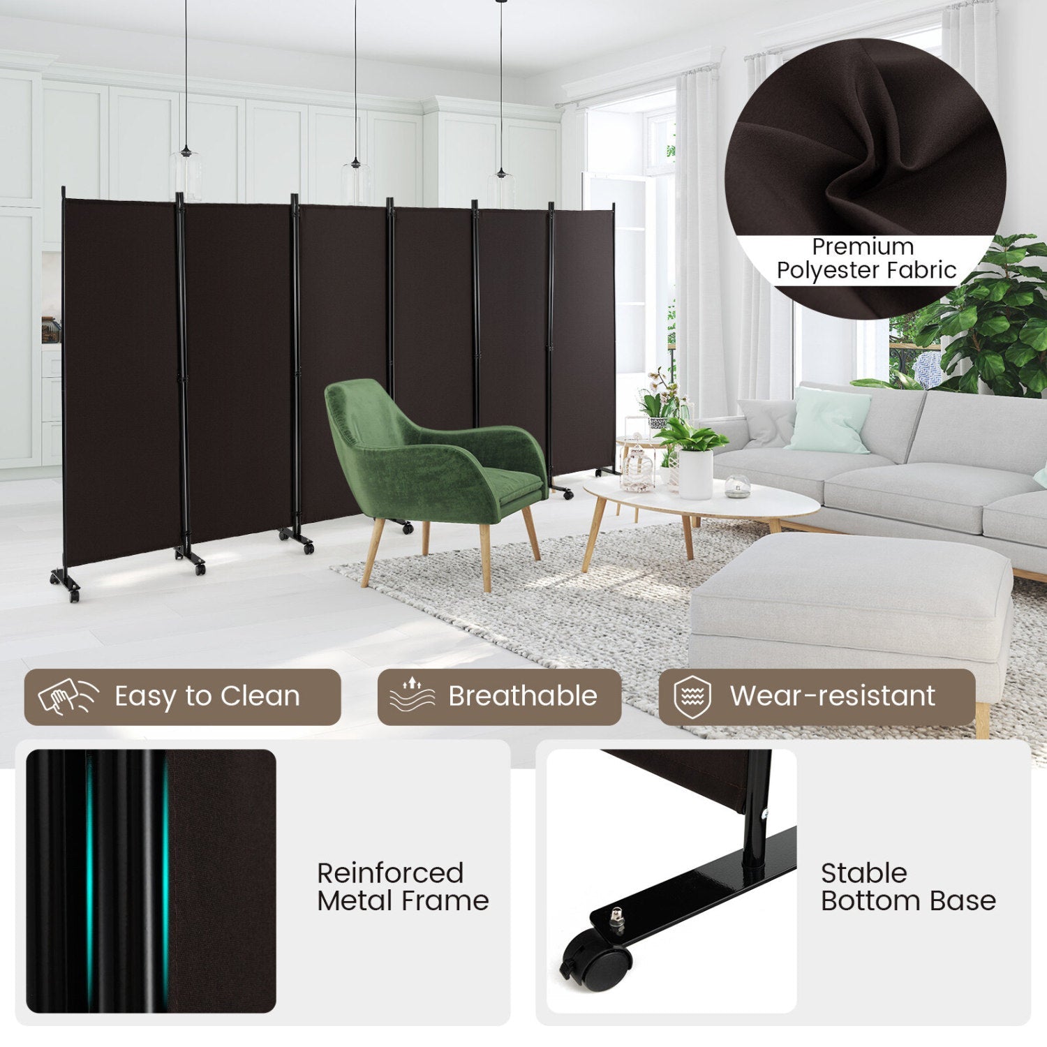 6 Panel Rolling Room Divider on Wheels - 5.7 Feet Tall
