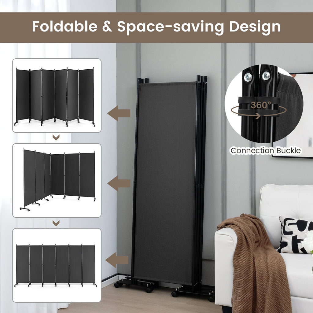6 Panel 5.7 Feet Tall Rolling Room Divider on Wheels