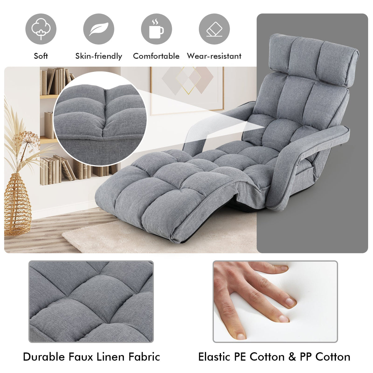 6-Position Adjustable Floor Chair with Adjustable Armrests and Footrest
