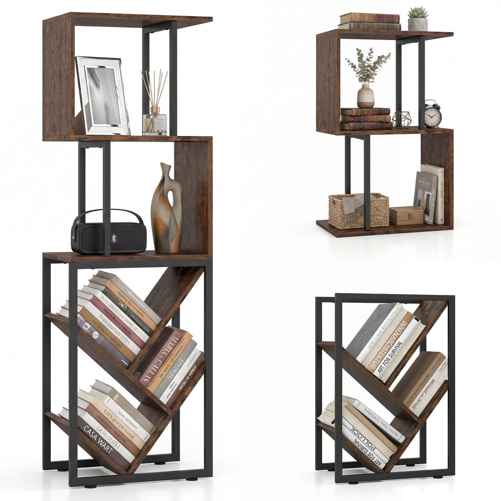 6-Tier Bookshelf Floor Standing Tree S-Shaped Geometric Bookcase with Open Shelves-Brown