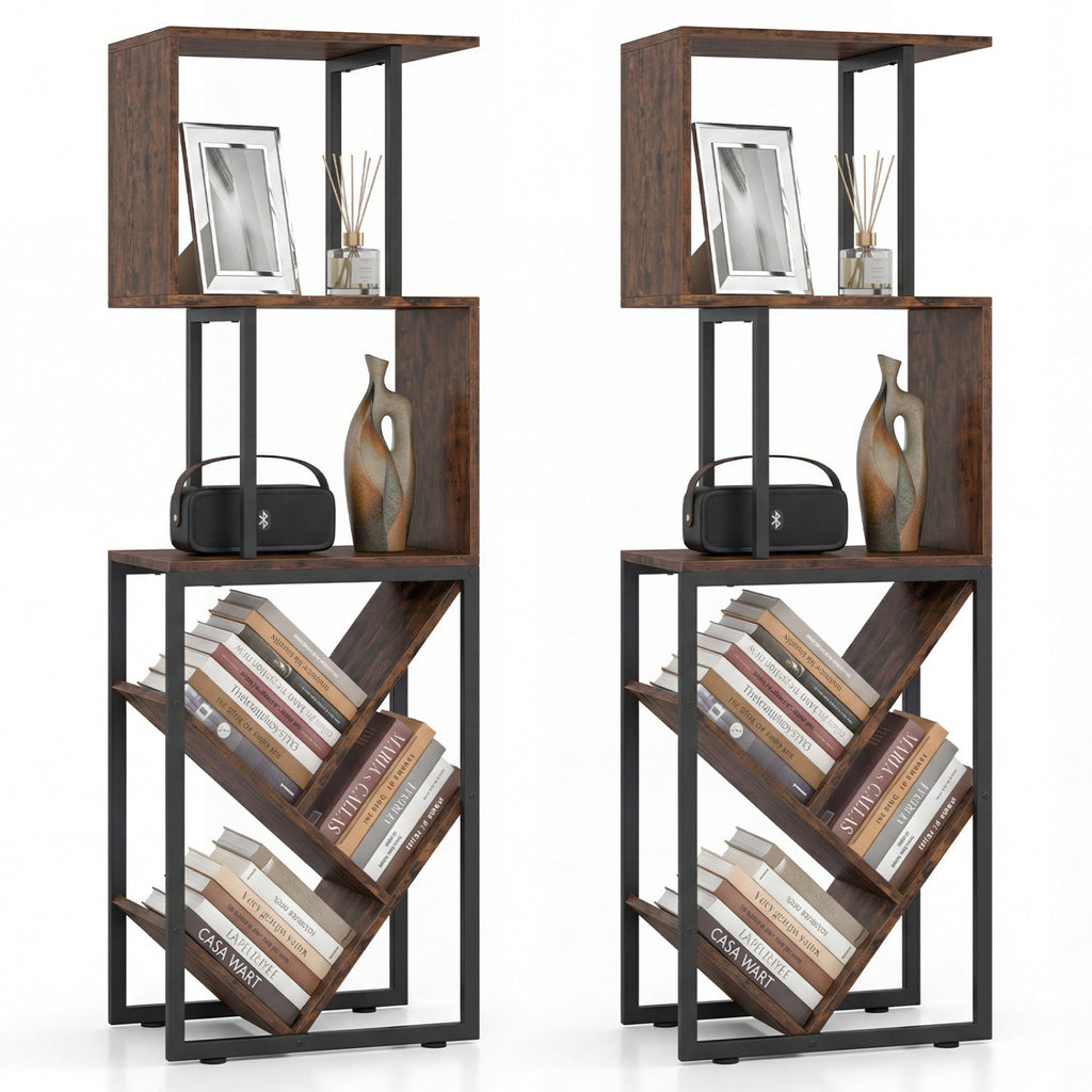 6-Tier Bookshelf Floor Standing Tree S-Shaped Geometric Bookcase with Open Shelves-Brown