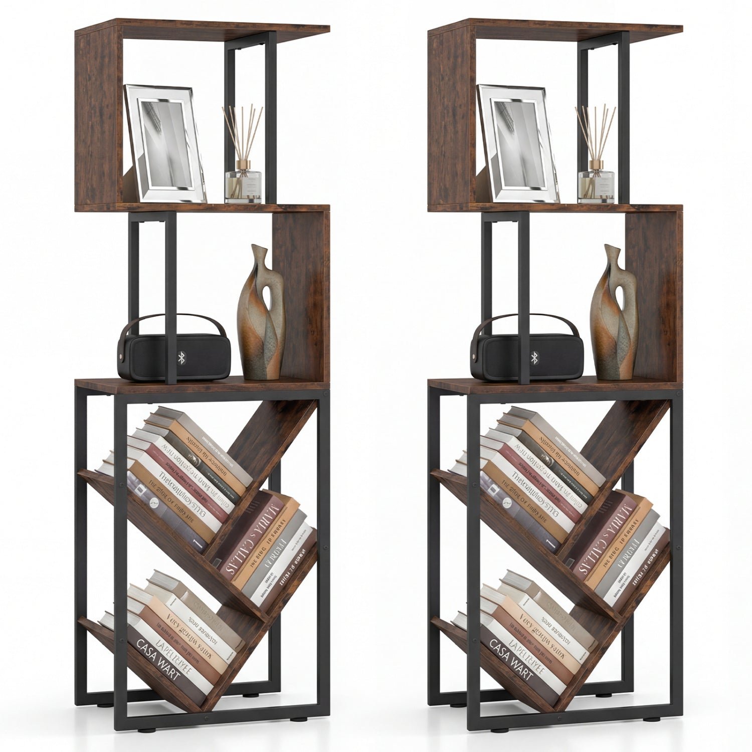 6-Tier Bookshelf Floor Standing Tree S-Shaped Geometric Bookcase with Open Shelves-Brown