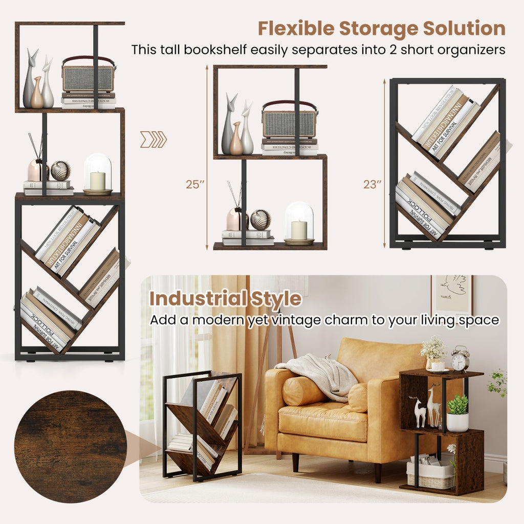 6-Tier Bookshelf Floor Standing Tree S-Shaped Geometric Bookcase with Open Shelves-Brown