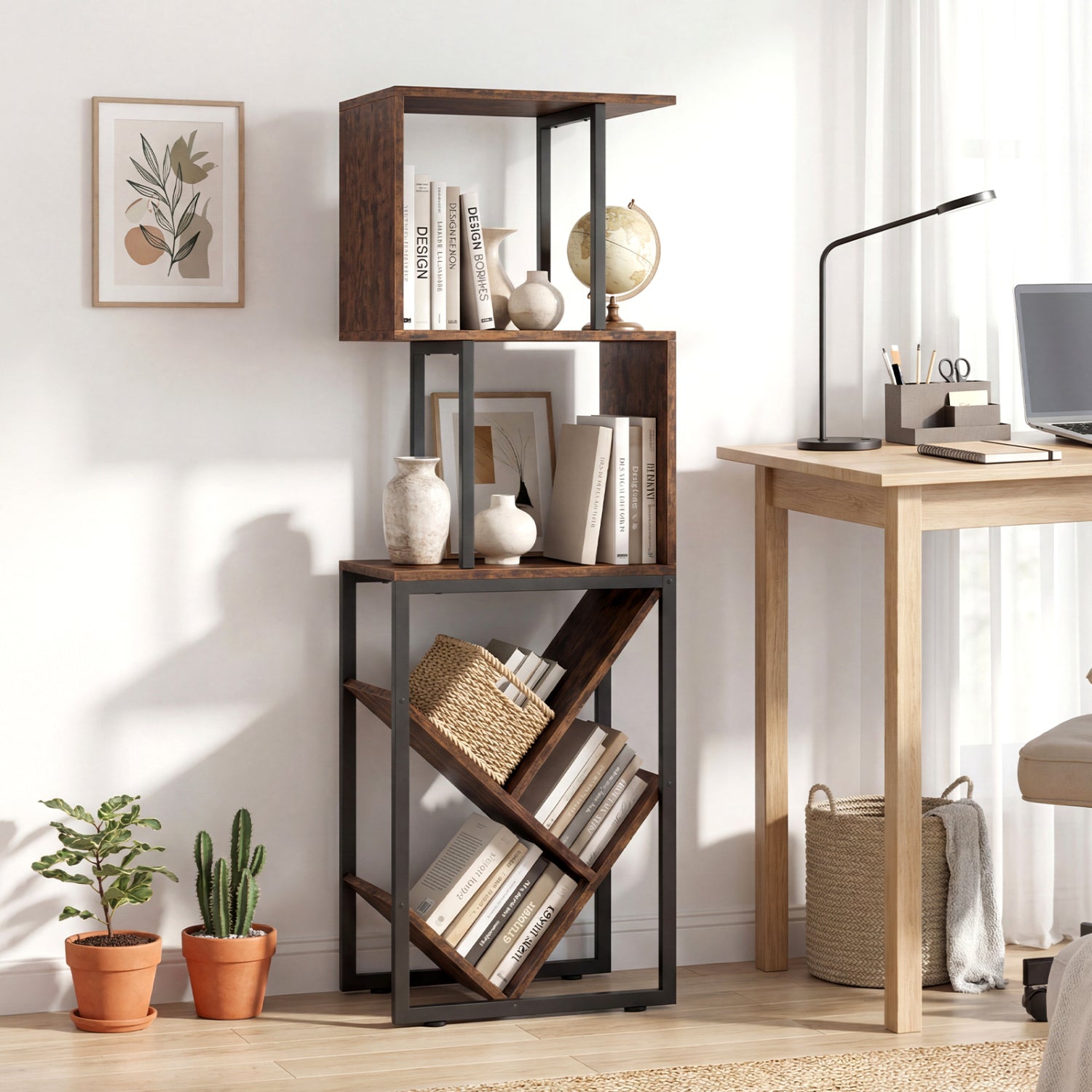 6-Tier Bookshelf Floor Standing Tree S-Shaped Geometric Bookcase with Open Shelves-Brown