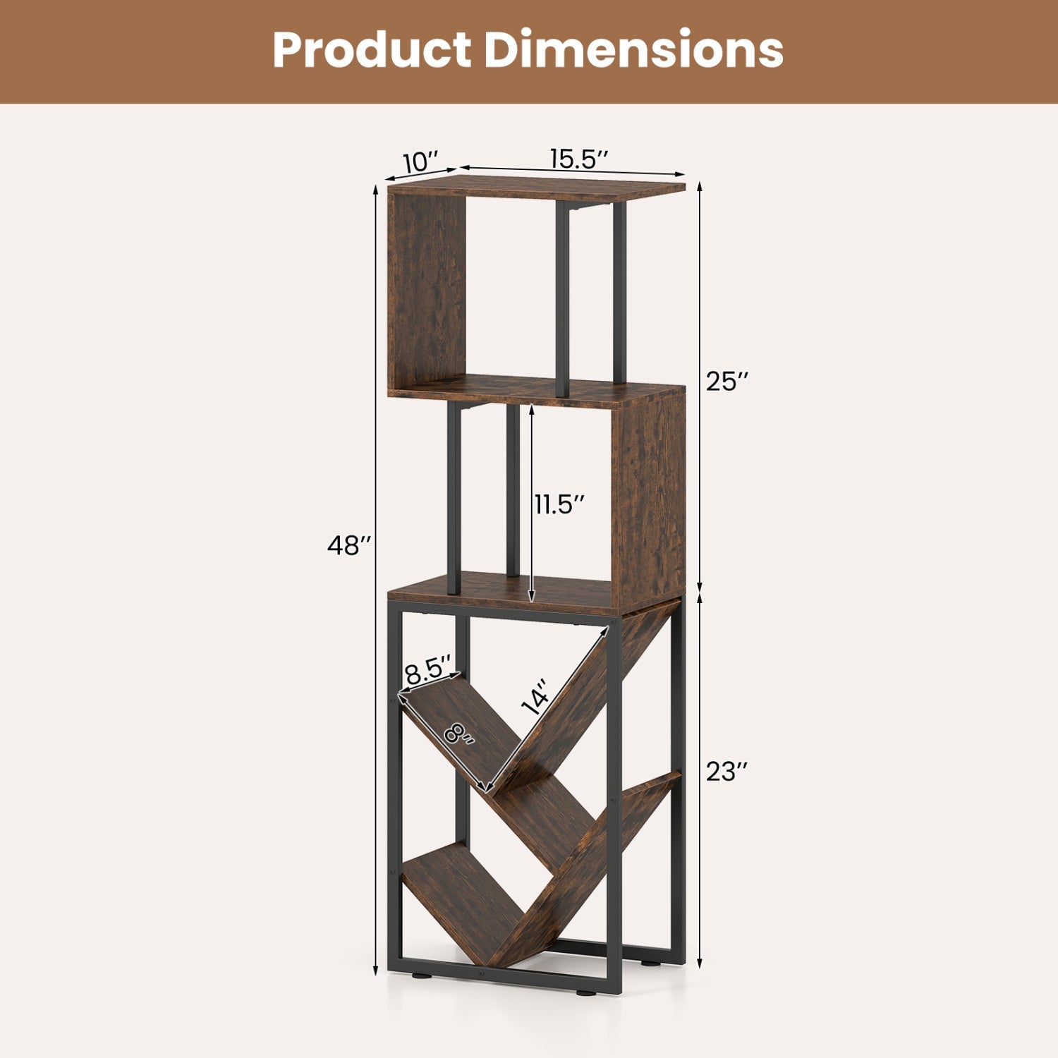 6-Tier Bookshelf Floor Standing Tree S-Shaped Geometric Bookcase with Open Shelves-Brown