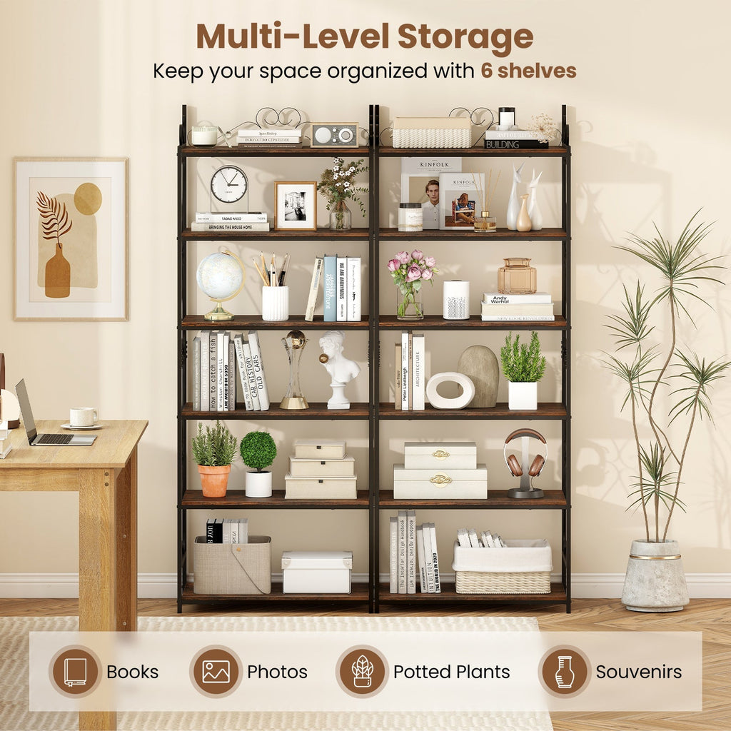6-Tier Bookshelf Industrial Bookcase with 2 Anti-Tipping Kits and Metal Frame-Rustic Brown