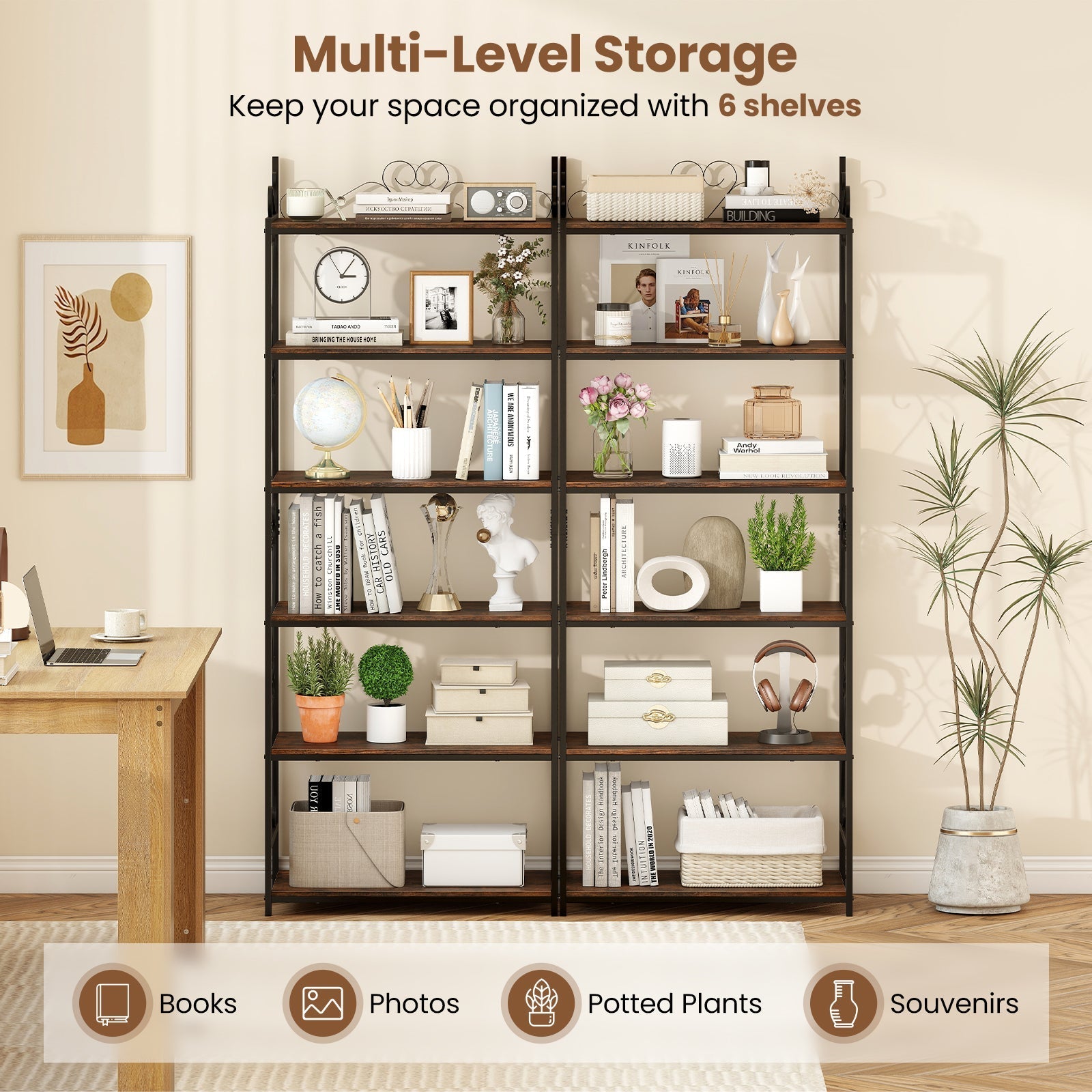 6-Tier Bookshelf Industrial Bookcase with 2 Anti-Tipping Kits and Metal Frame-Rustic Brown