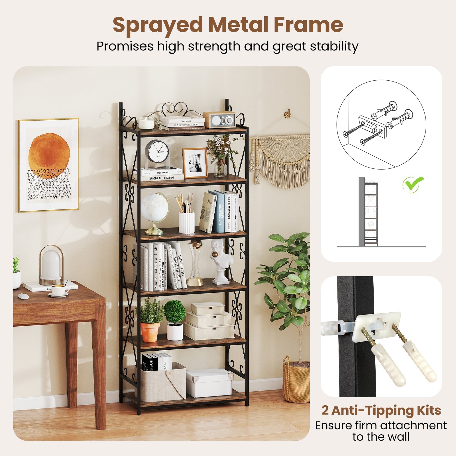 6-Tier Bookshelf Industrial Bookcase with 2 Anti-Tipping Kits and Metal Frame-Rustic Brown