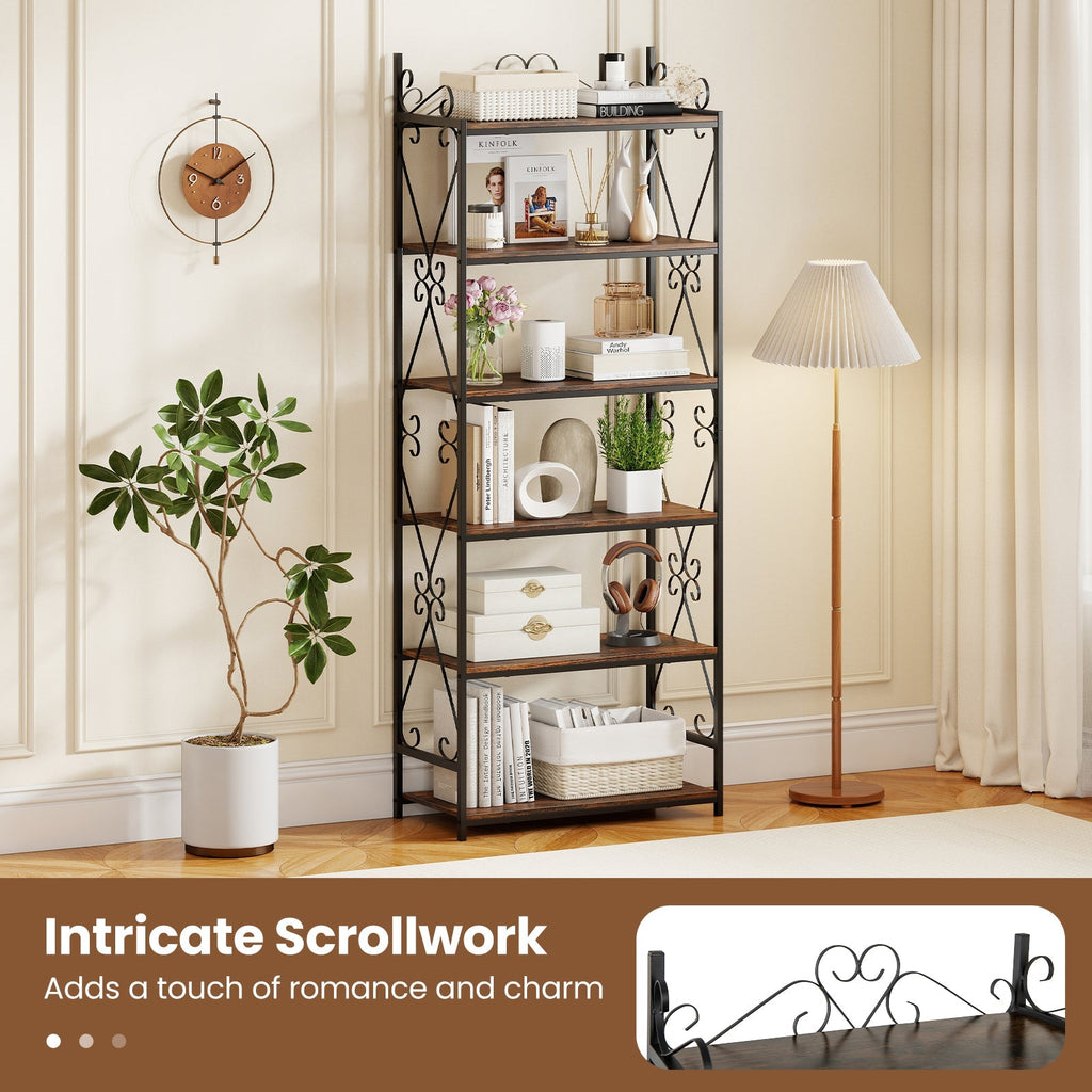 6-Tier Bookshelf Industrial Bookcase with 2 Anti-Tipping Kits and Metal Frame-Rustic Brown