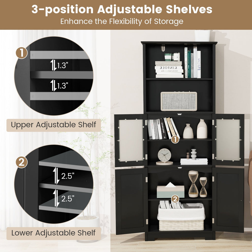 6-Tier Freestanding Bathroom Cabinet with 2 Open Compartments and Adjustable Shelves
