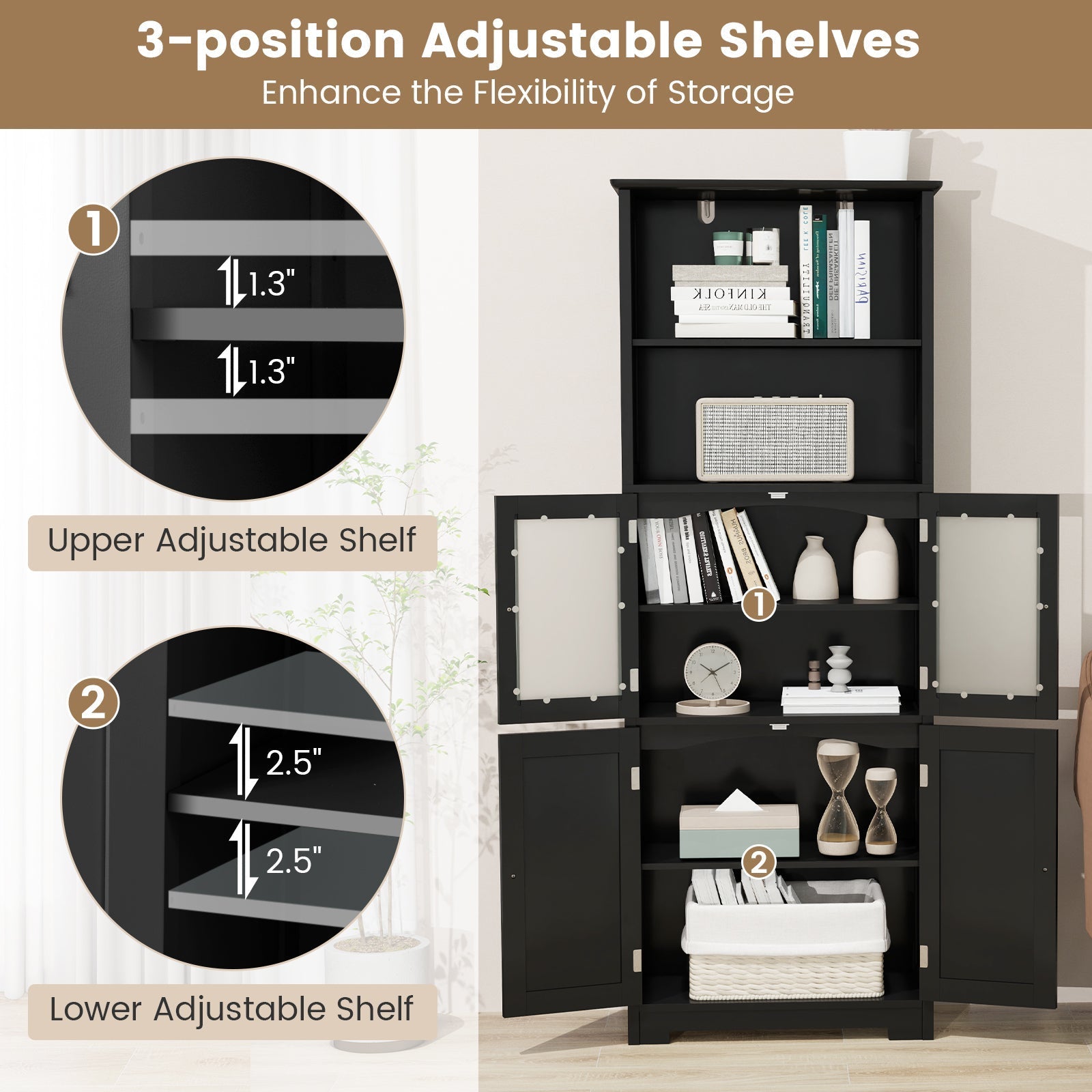 6-Tier Freestanding Bathroom Cabinet with 2 Open Compartments and Adjustable Shelves