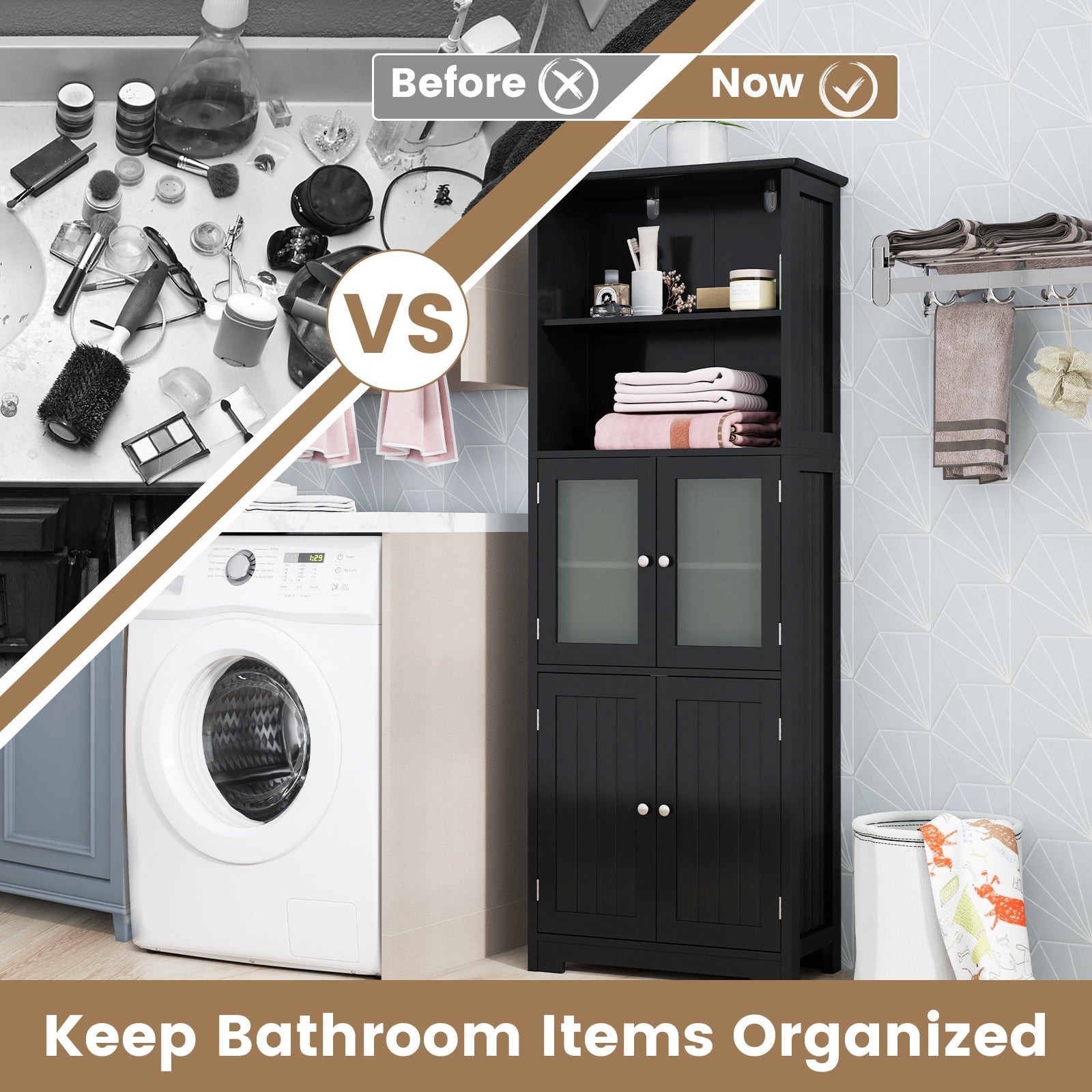 6-Tier Freestanding Bathroom Cabinet with 2 Open Compartments and Adjustable Shelves