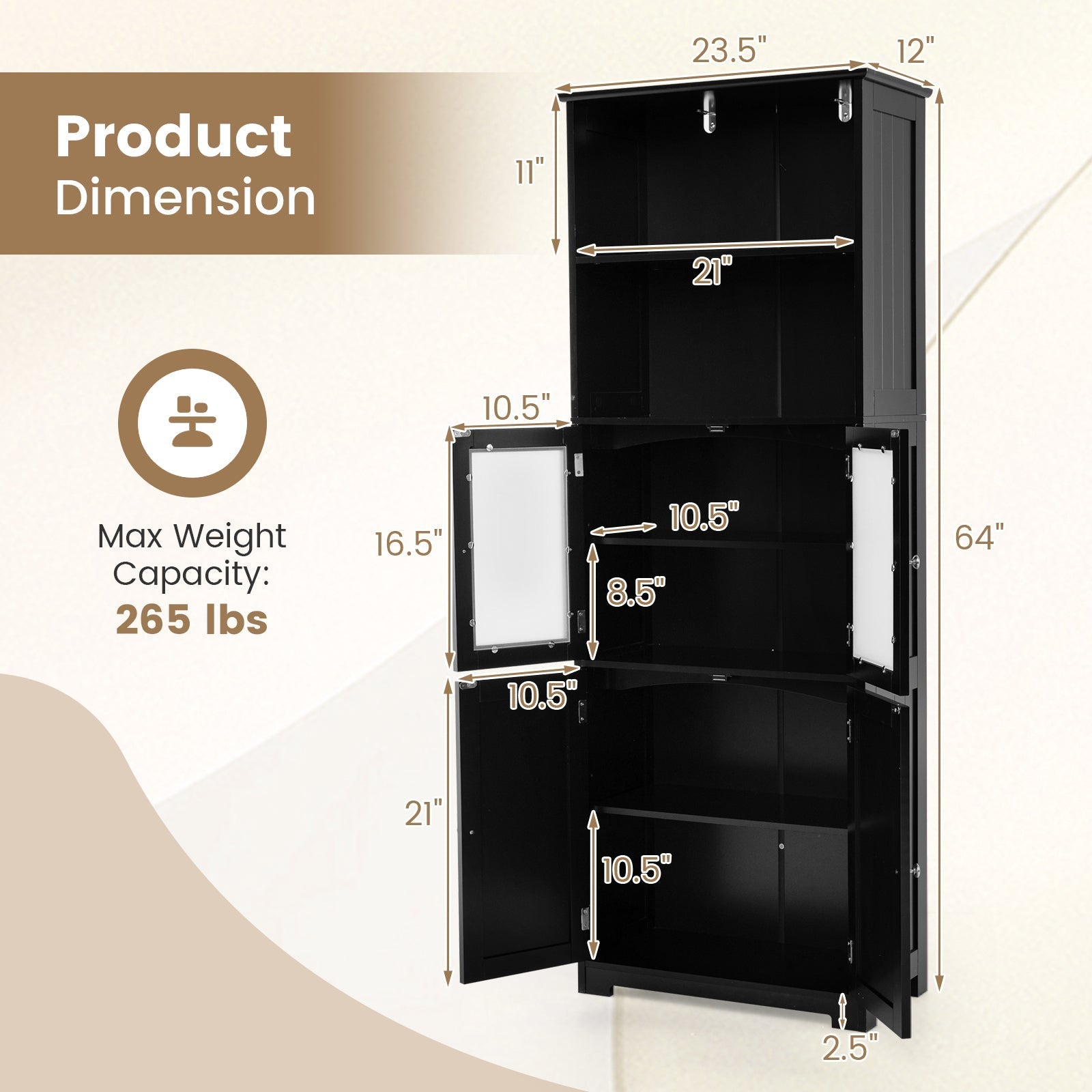 6-Tier Freestanding Bathroom Cabinet with 2 Open Compartments and Adjustable Shelves