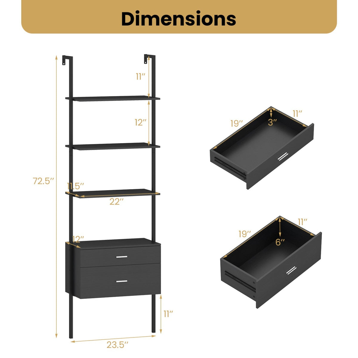 6-Tier Ladder Bookcase with 2 Drawers and Metal Frame-Black