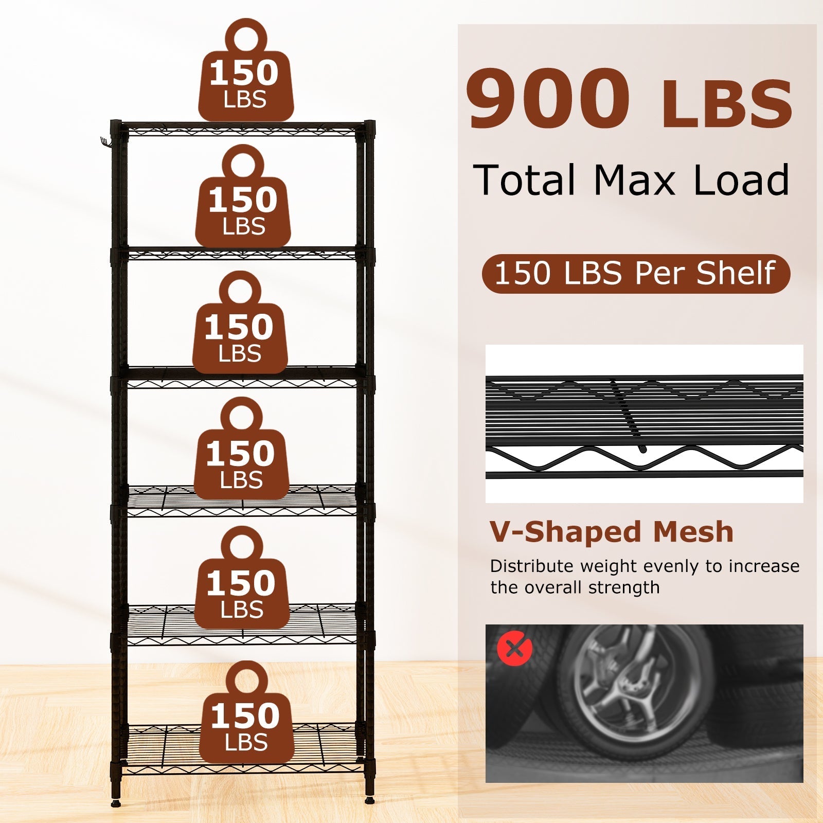 6-Tier Metal Storage Shelving Unit with V-Shaped Wire Rack and 900 LBS Capacity-Black