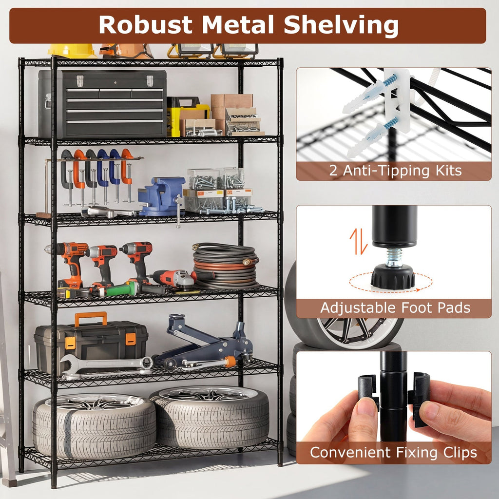 6-Tier Metal Storage Shelving Unit Set of 2 Adjustable Utility Shelf with V-Shaped Wire Rack-Black