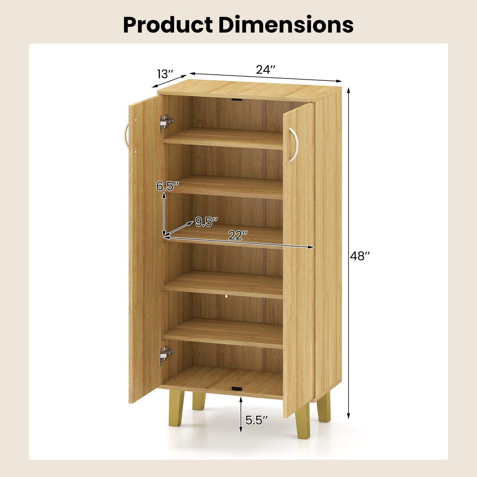 6-Tier Modern Freestanding Wooden Shoe Cabinet with Doors and Removable Shelves-Oak