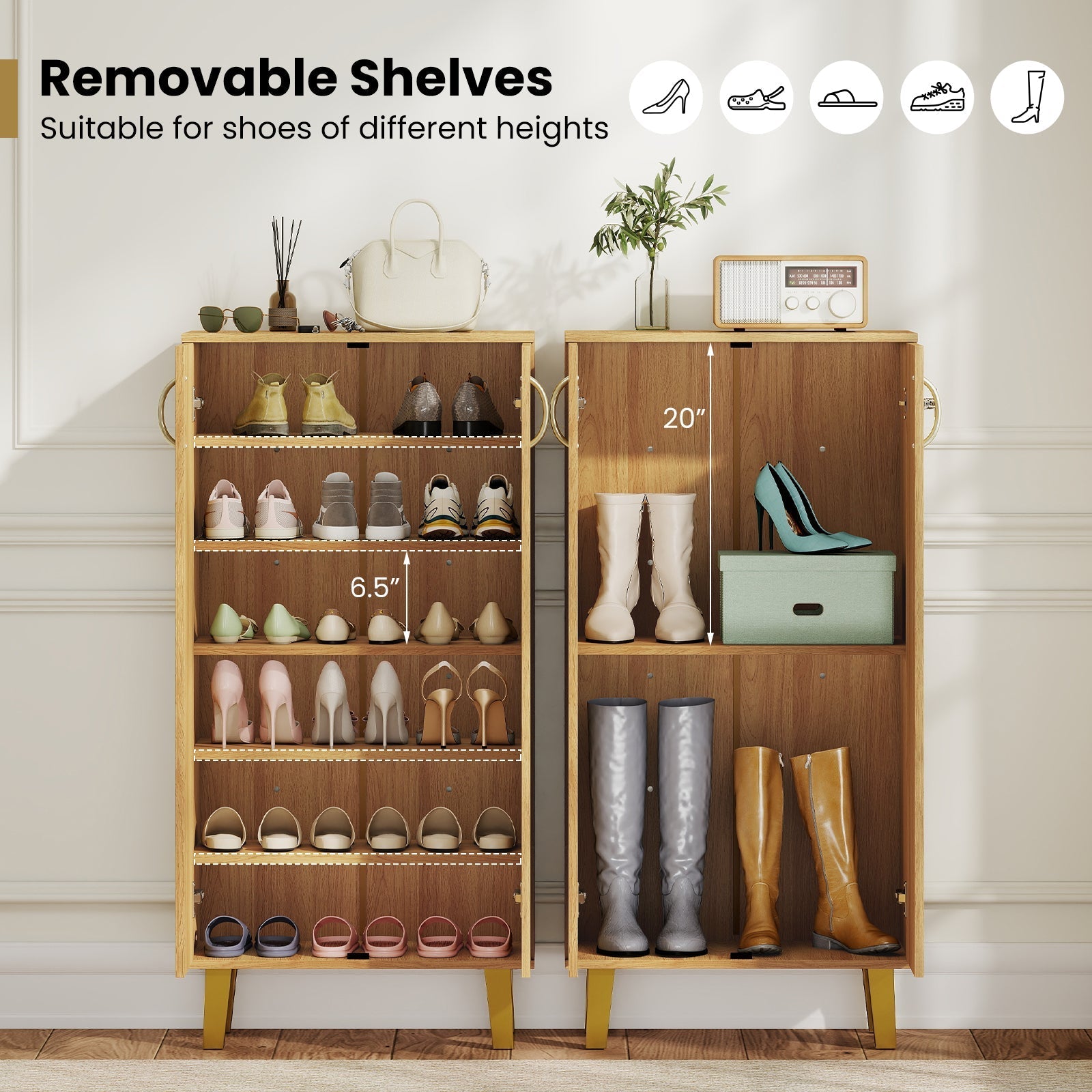 6-Tier Modern Freestanding Wooden Shoe Cabinet with Doors and Removable Shelves-Oak