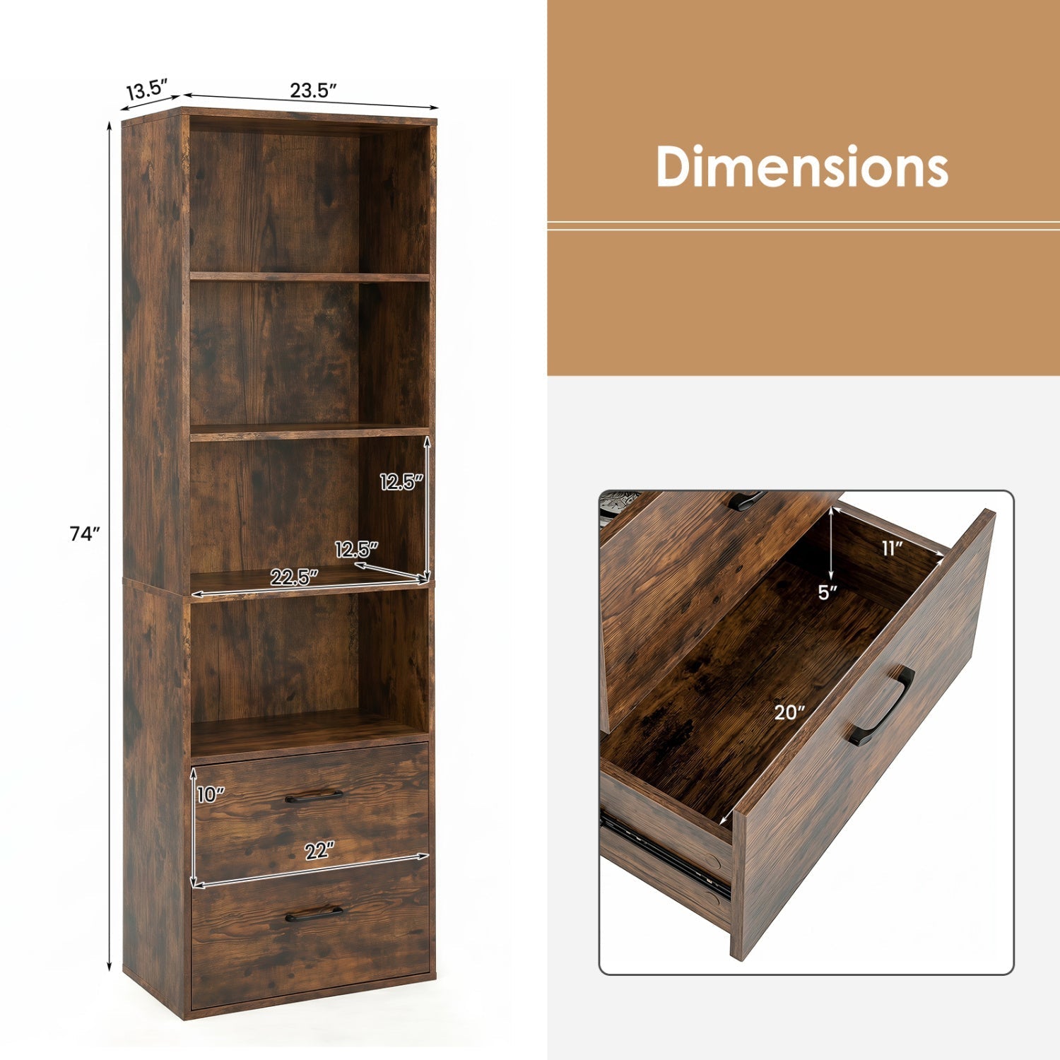 6-Tier Tall Bookshelf with Drawers - Rustic Brown
