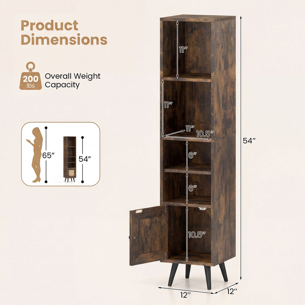 6-Tier Tall Narrow Bookcase 54 Inches Slim Storage Cabinet
