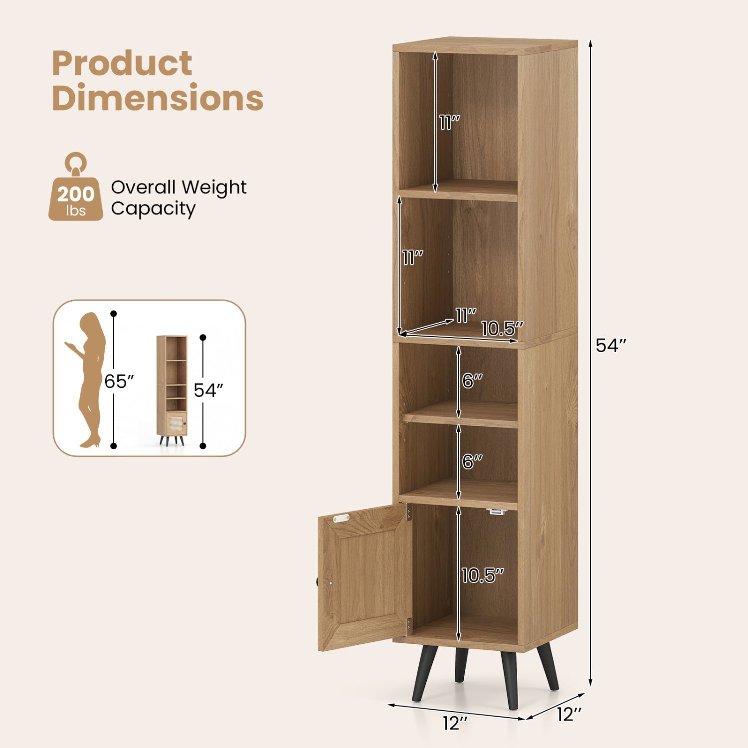 6-Tier Tall Narrow Bookcase 54 Inches Slim Storage Cabinet