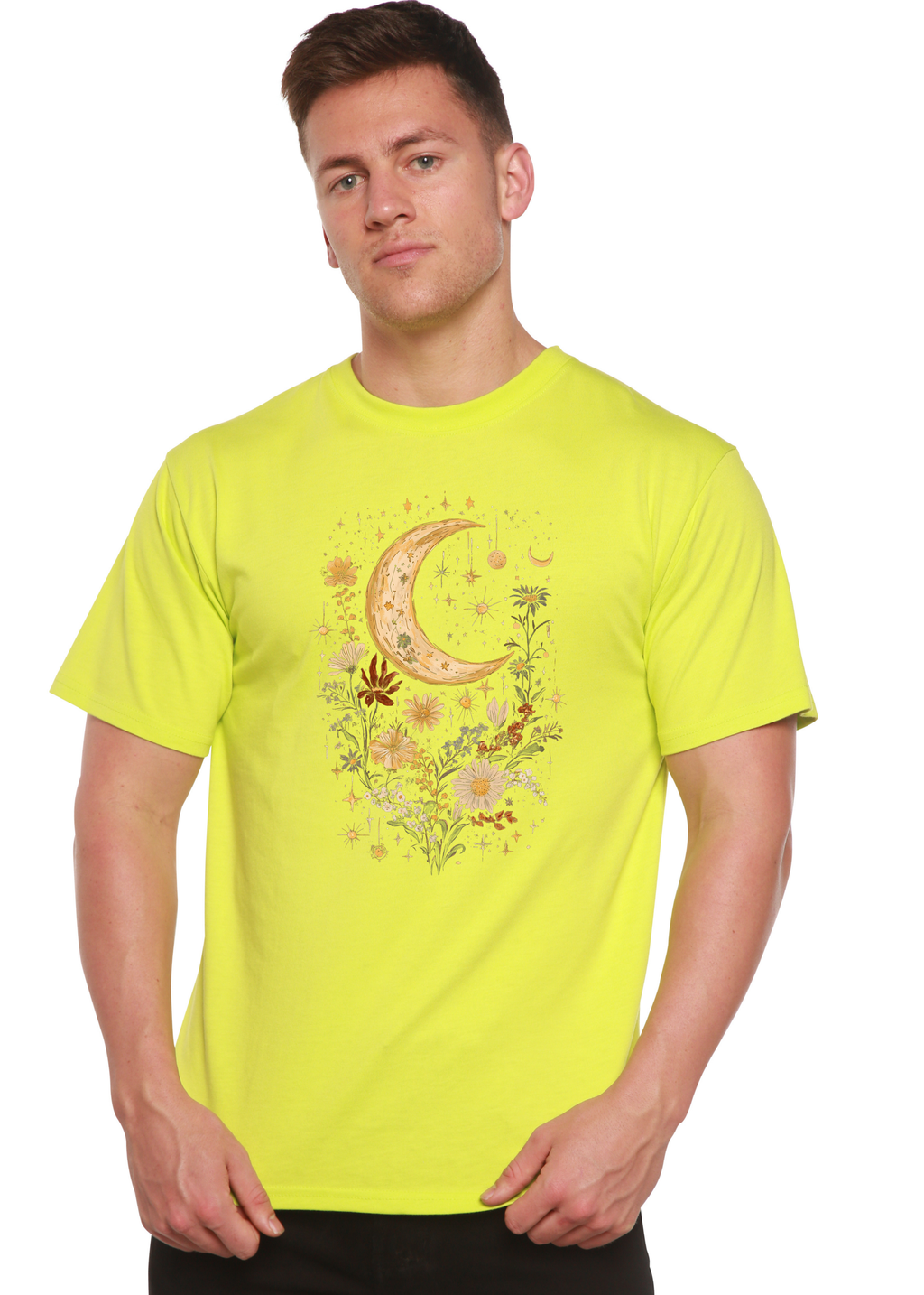 Celestial Moon Boho Flowers Vintage Unisex Bamboo/Cotton Graphic T-Shirt