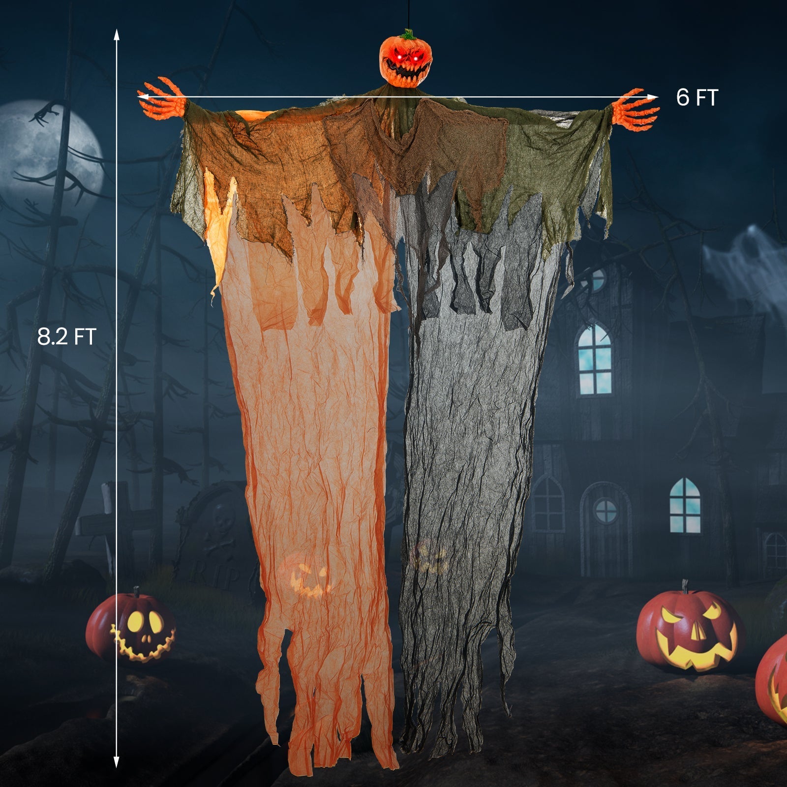 6 Feet Hanging Pumpkin Ghost with Red Glowing Eyes and Bendable Arms