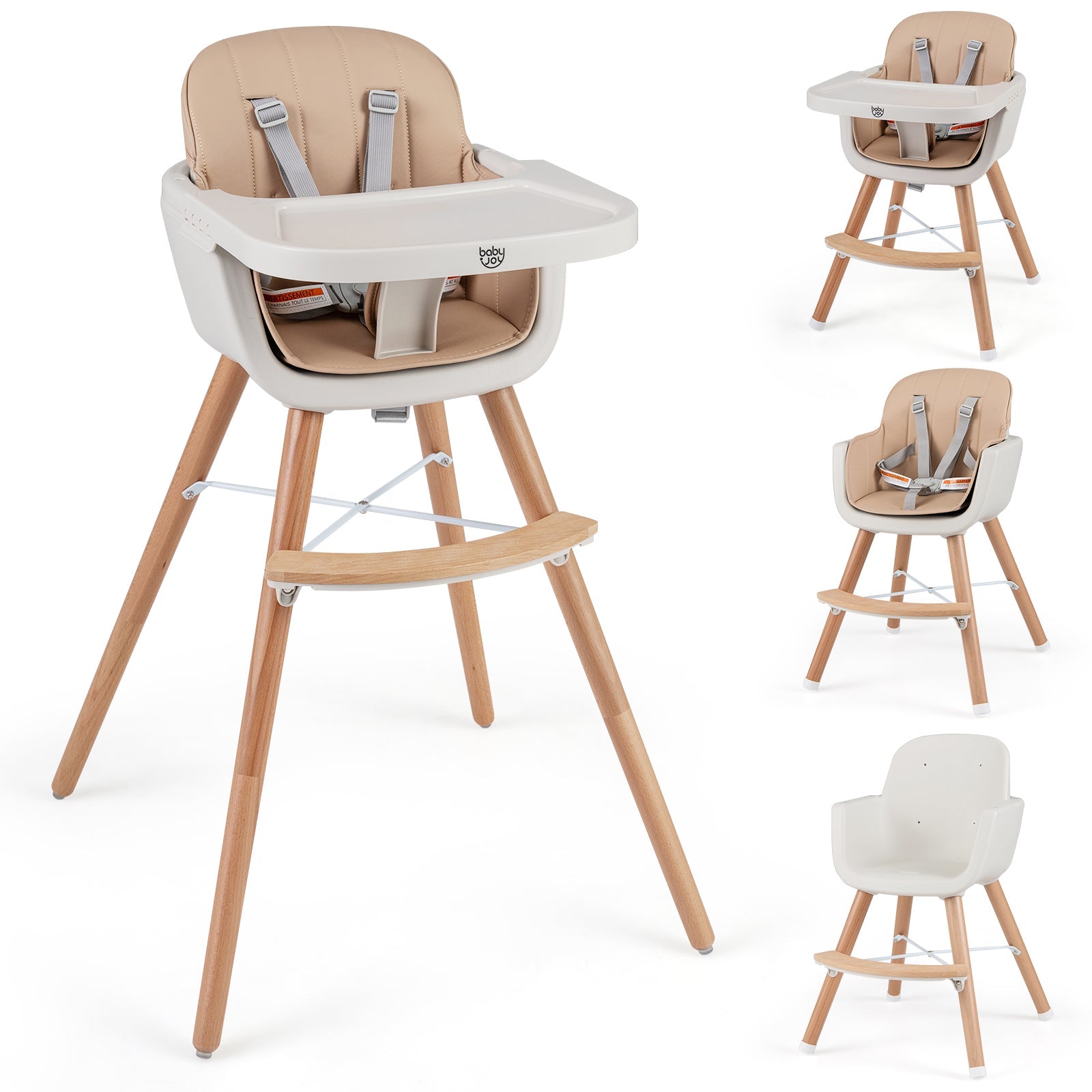 6-in-1 Convertible Wooden Highchair with Safety Harness and Adjustable Legs-Light Brown