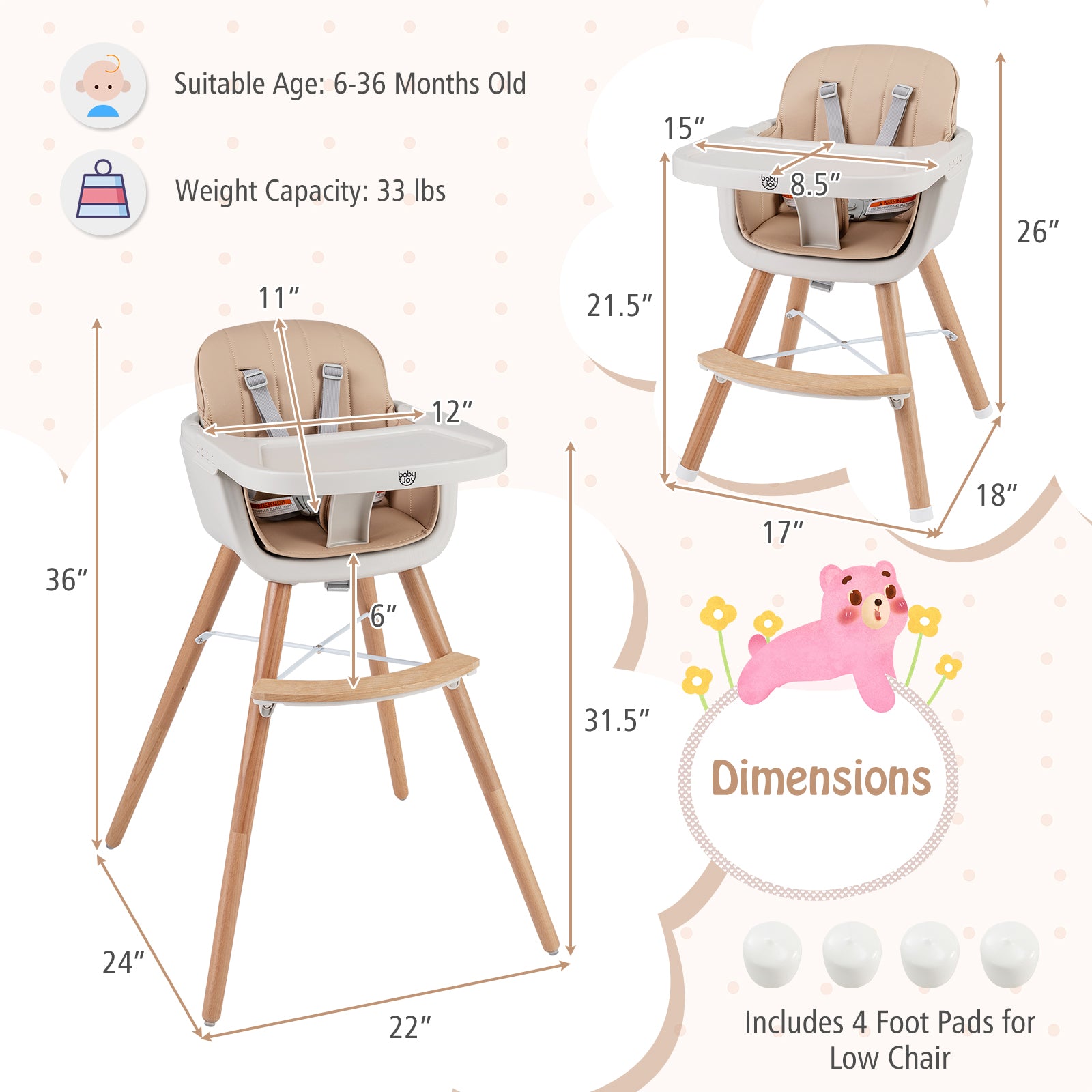 6-in-1 Convertible Wooden Highchair with Safety Harness and Adjustable Legs-Light Brown