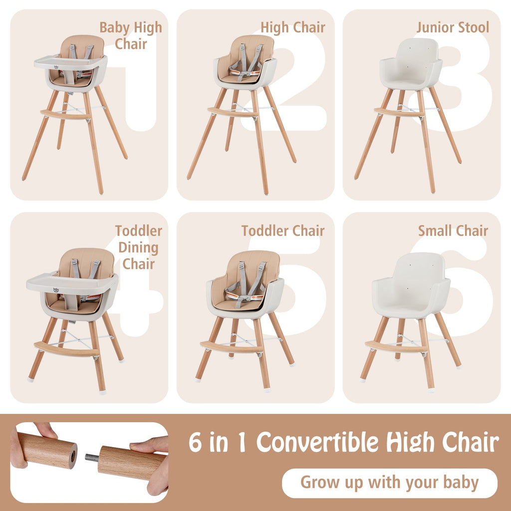 6-in-1 Convertible Wooden Highchair with Safety Harness and Adjustable Legs-Light Brown