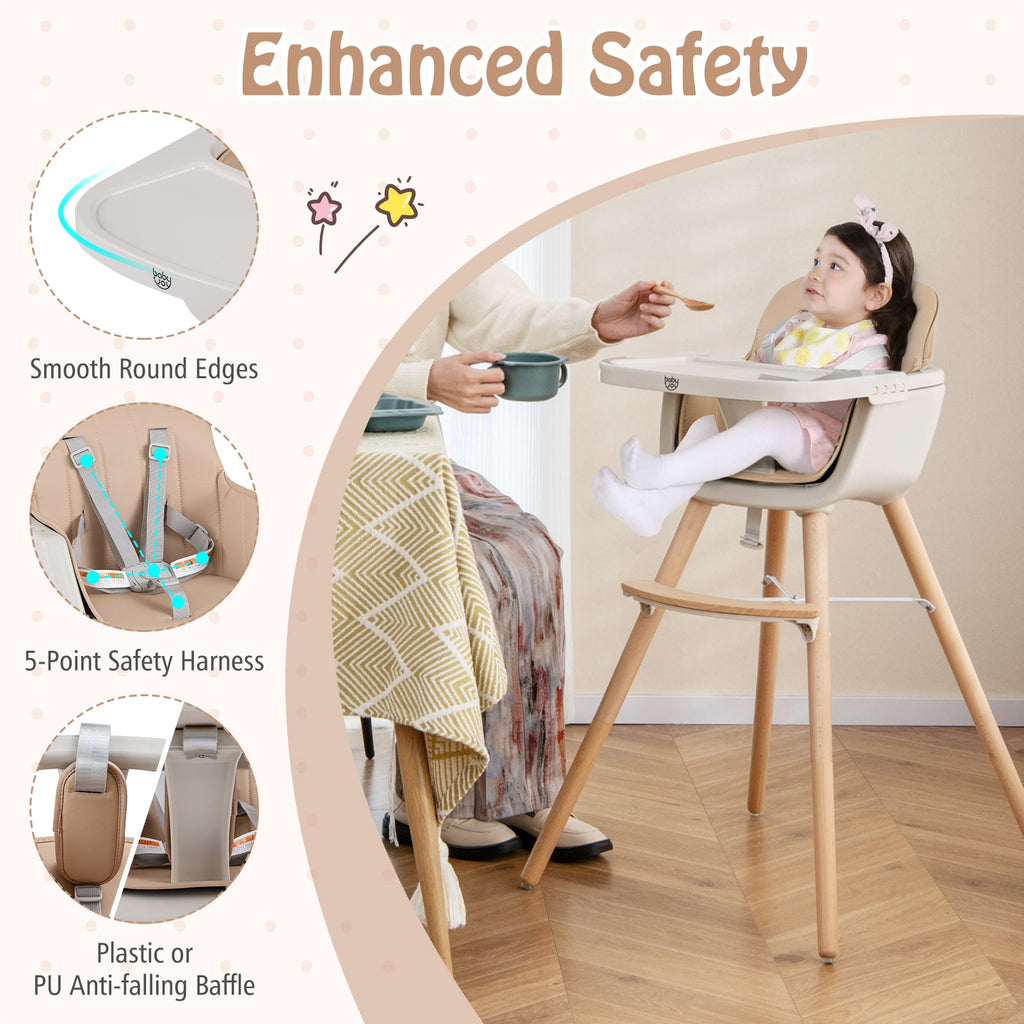6-in-1 Convertible Wooden Highchair with Safety Harness and Adjustable Legs-Light Brown