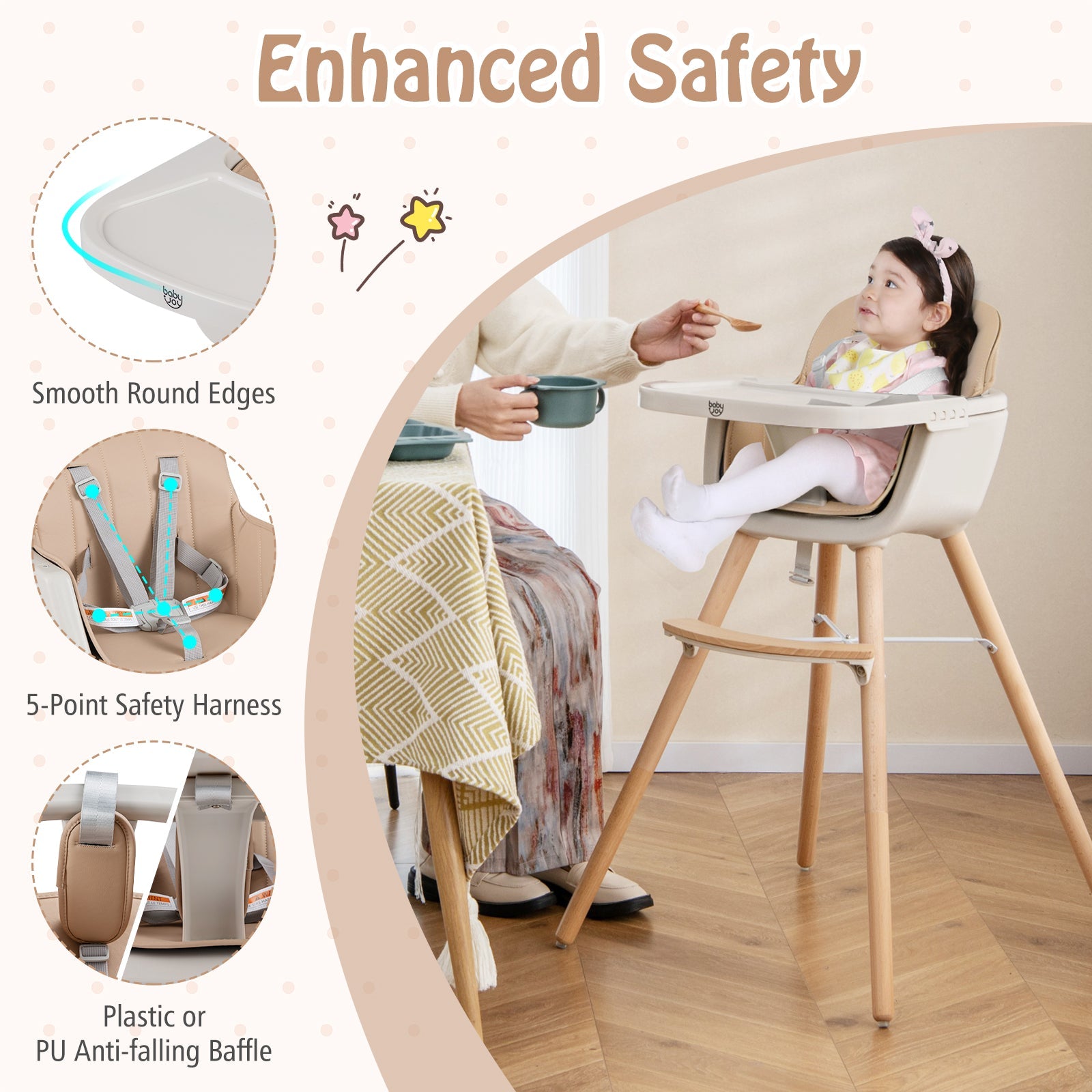 6-in-1 Convertible Wooden Highchair with Safety Harness and Adjustable Legs-Light Brown