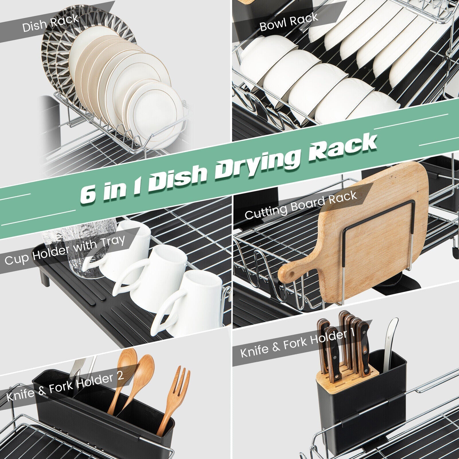 2-Tier Detachable Dish Rack with Drainboard and 360¬∞ Swivel Spout