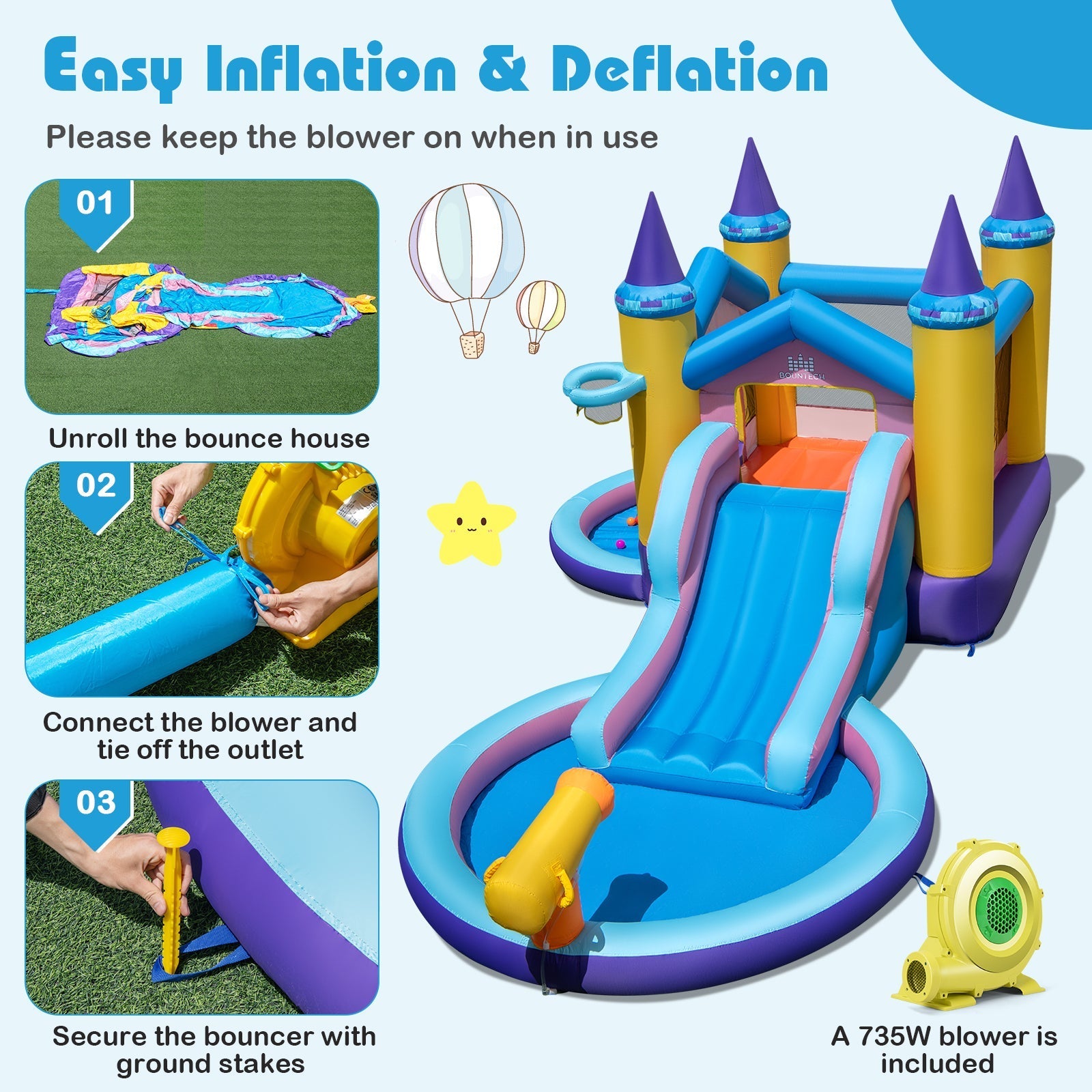 6-in-1 Inflatable Kids Water Park with 735W Blower
