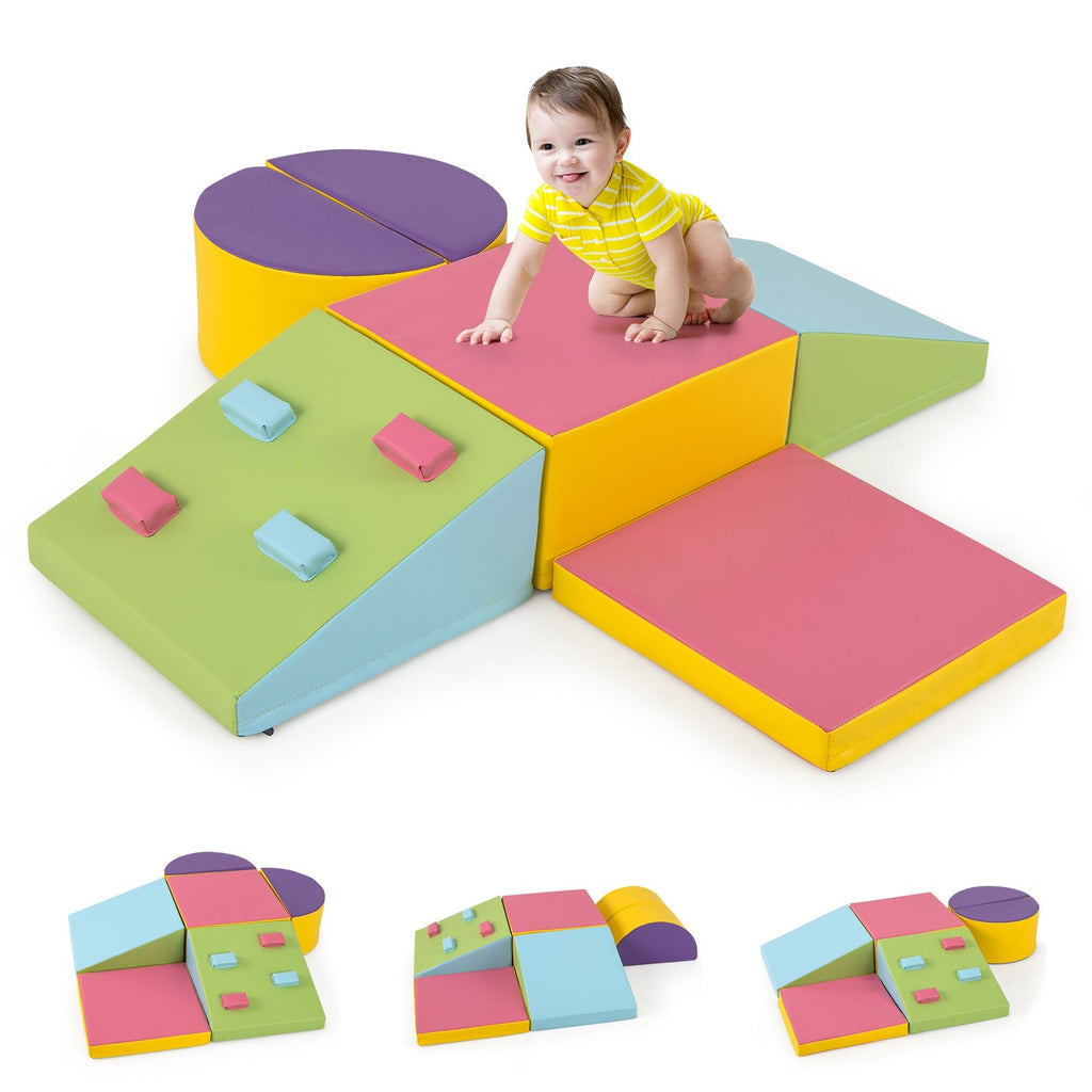 6-Piece Soft Play Set for Toddlers with Climbing Triangle and Ramp-Blue