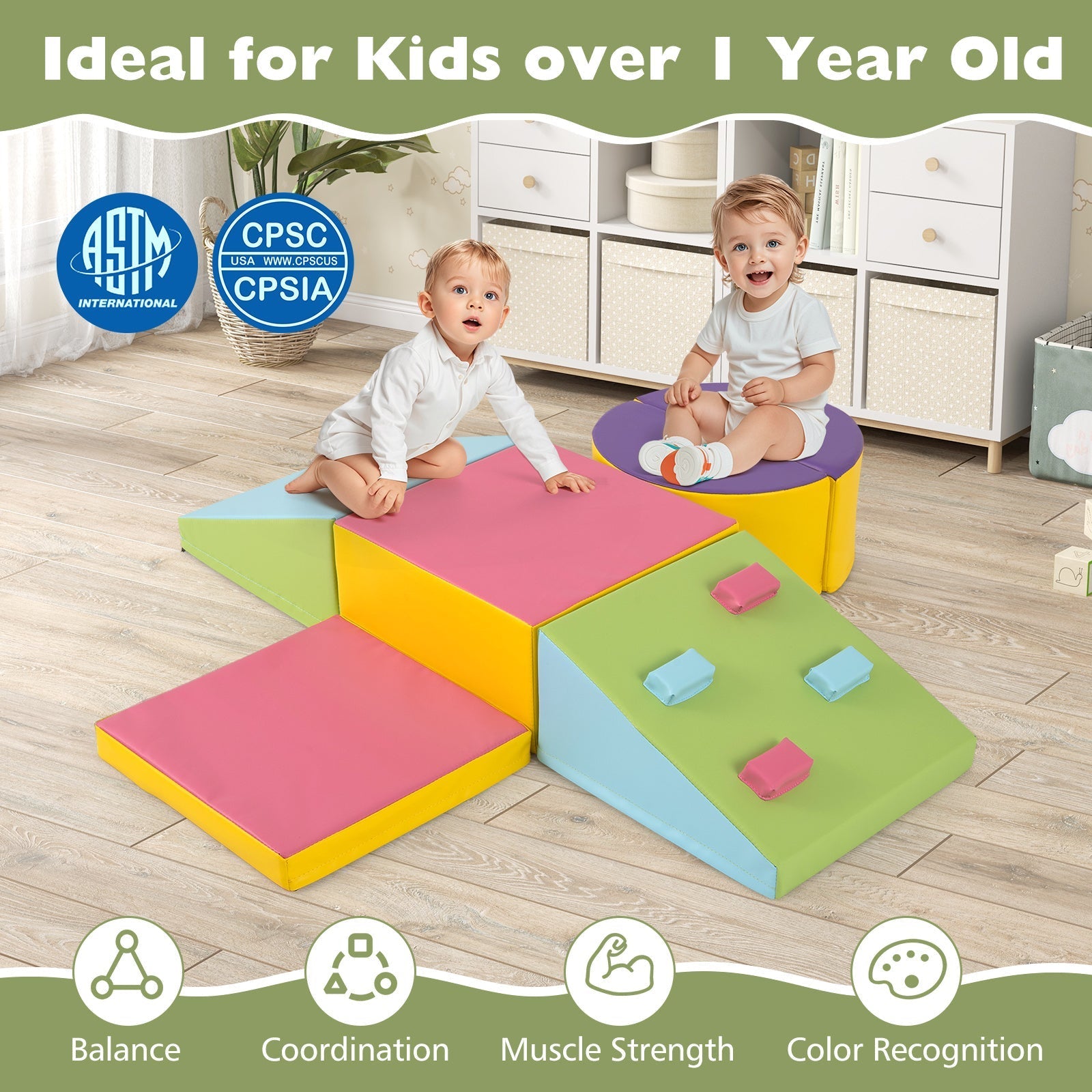 6-Piece Soft Play Set for Toddlers with Climbing Triangle and Ramp-Blue