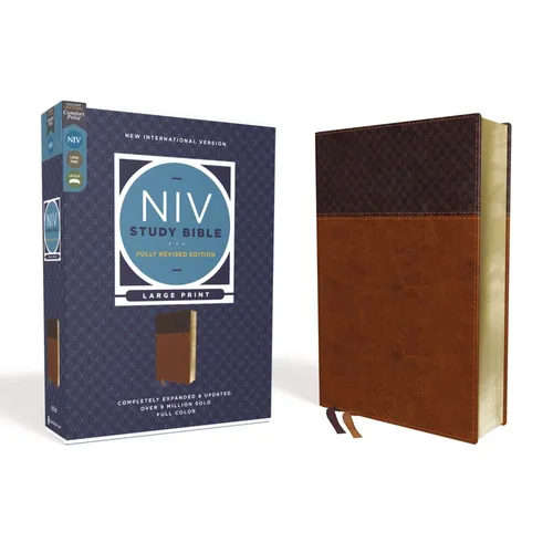 NIV Study Bible, Fully Revised Edition, Large Print, Leathersoft, Brown, Red Letter, Comfort Print - Imitation Leather