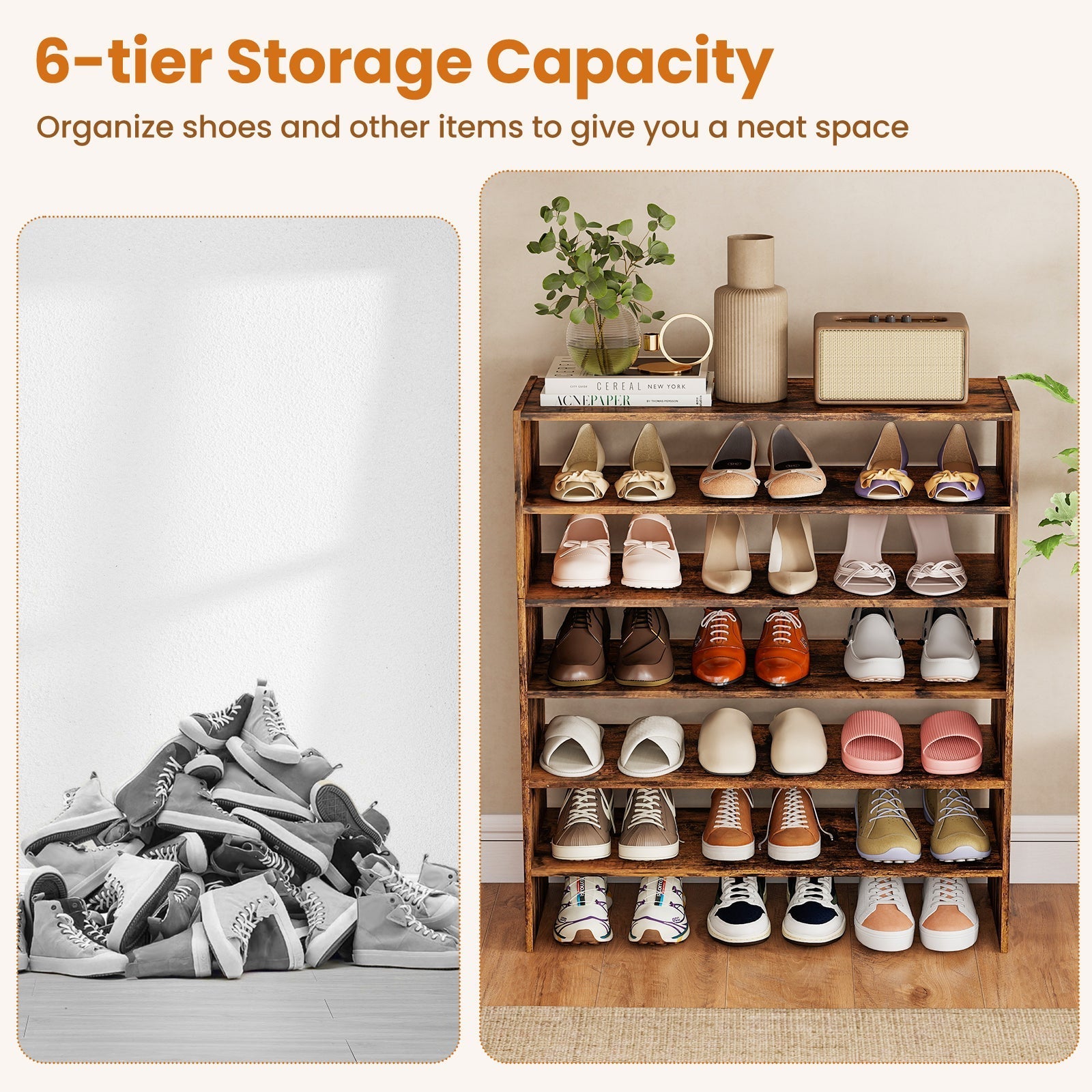 6-tier Shoe Rack with Anti-tipping Device for Entryway