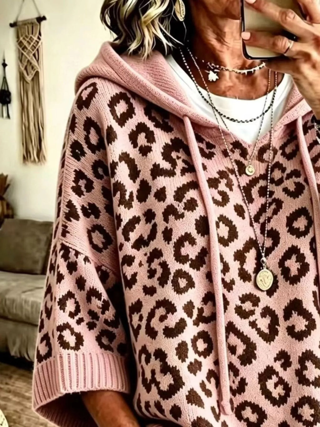Leopard Print Hooded Knit Sweater