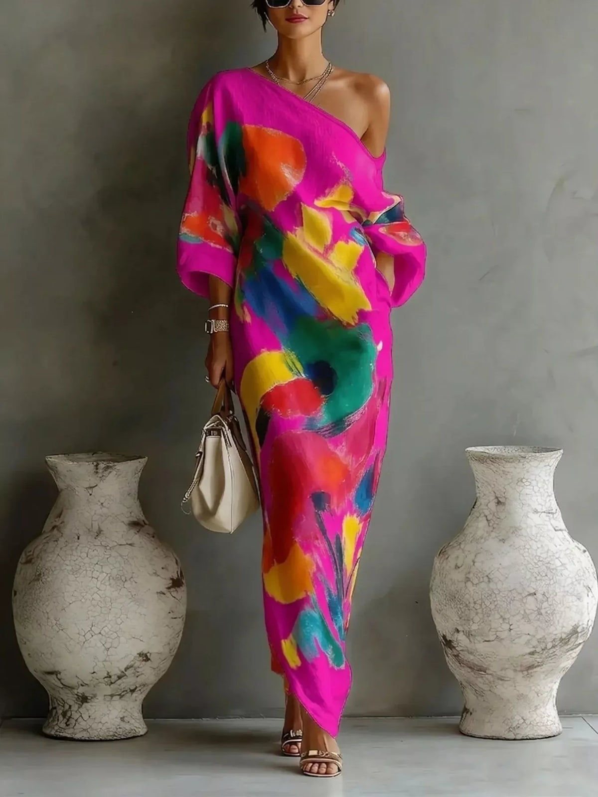 Full Size One-Shoulder Abstract Print Loose Fit Maxi Dress Plus Size