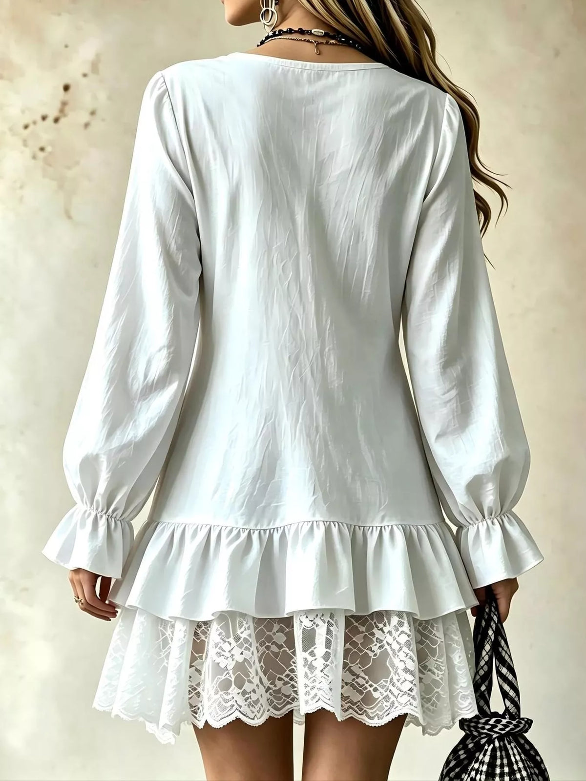 Lace Hem V-Neck Flounce Sleeve Dress