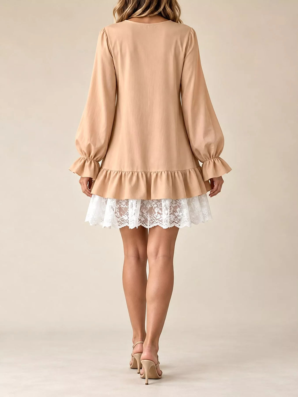 Lace Hem V-Neck Flounce Sleeve Dress
