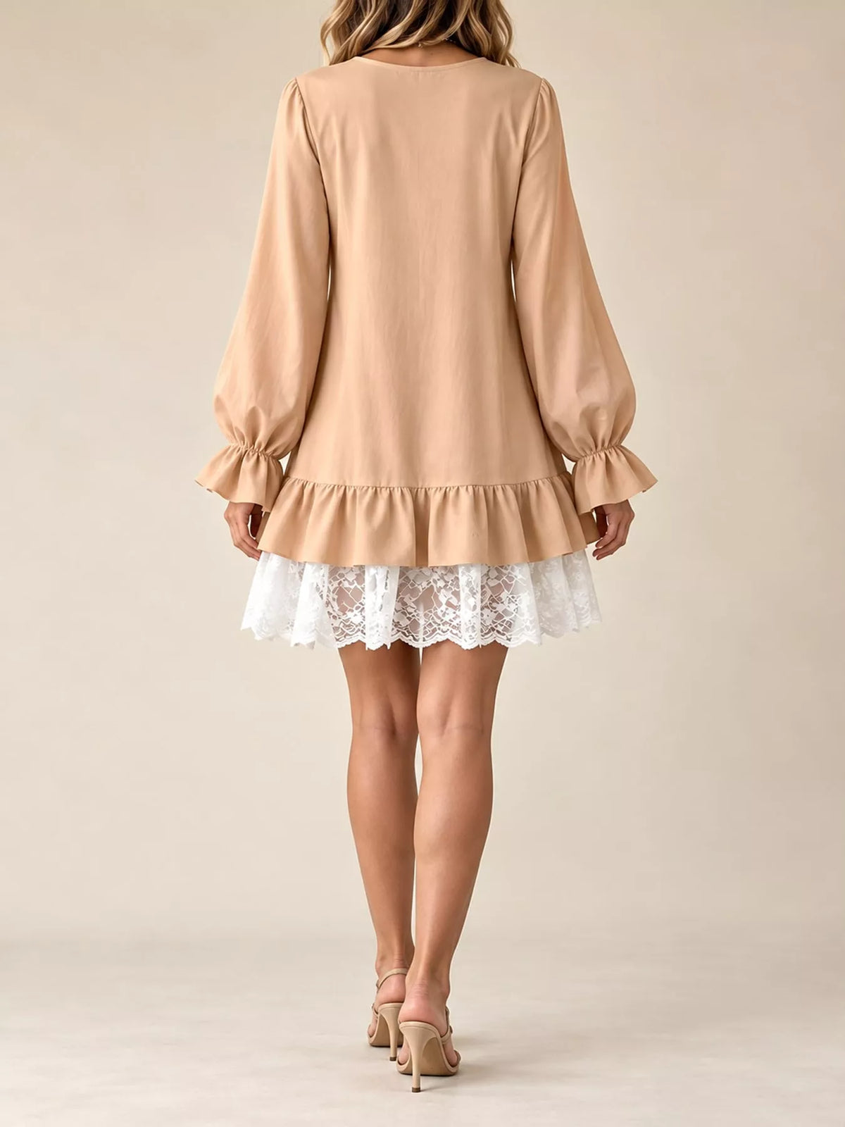 Lace Hem V-Neck Flounce Sleeve Dress