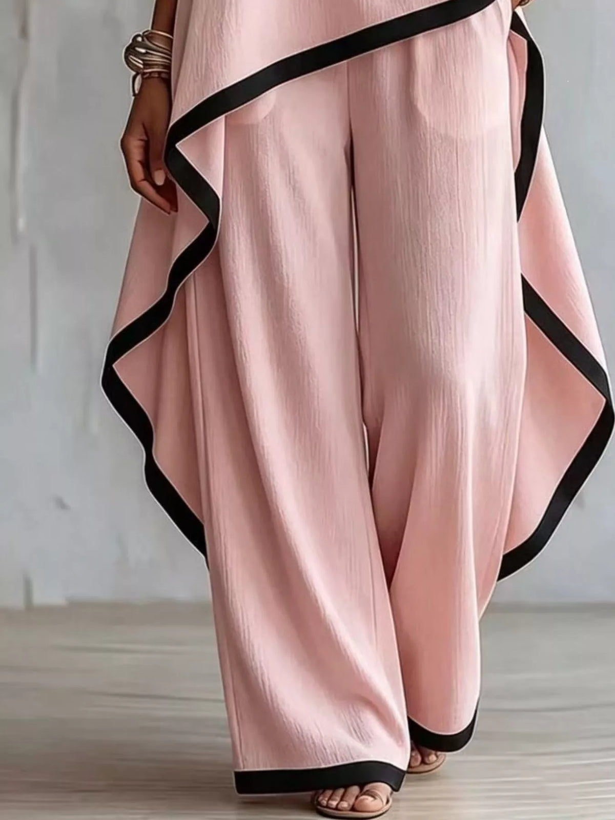 Full Size Contrast Trim High-Low Top and Pants Set Plus Size