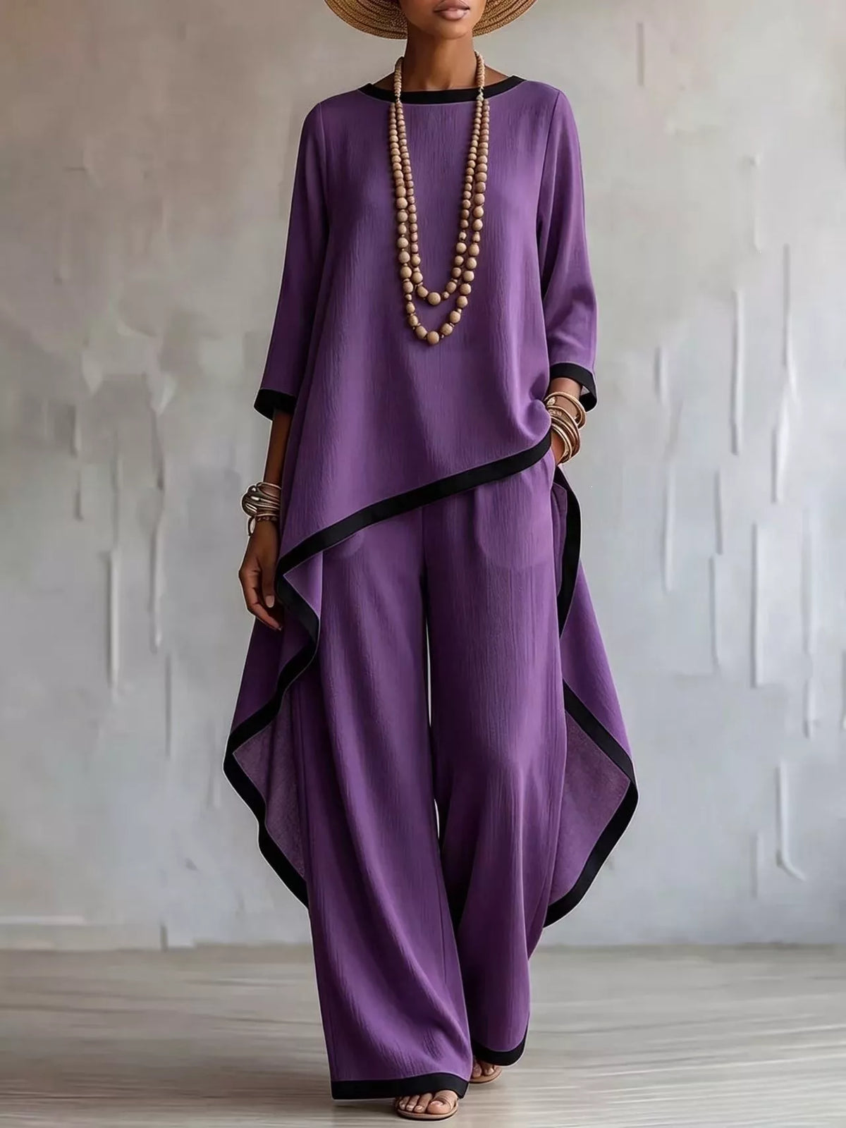 Full Size Contrast Trim High-Low Top and Pants Set Plus Size