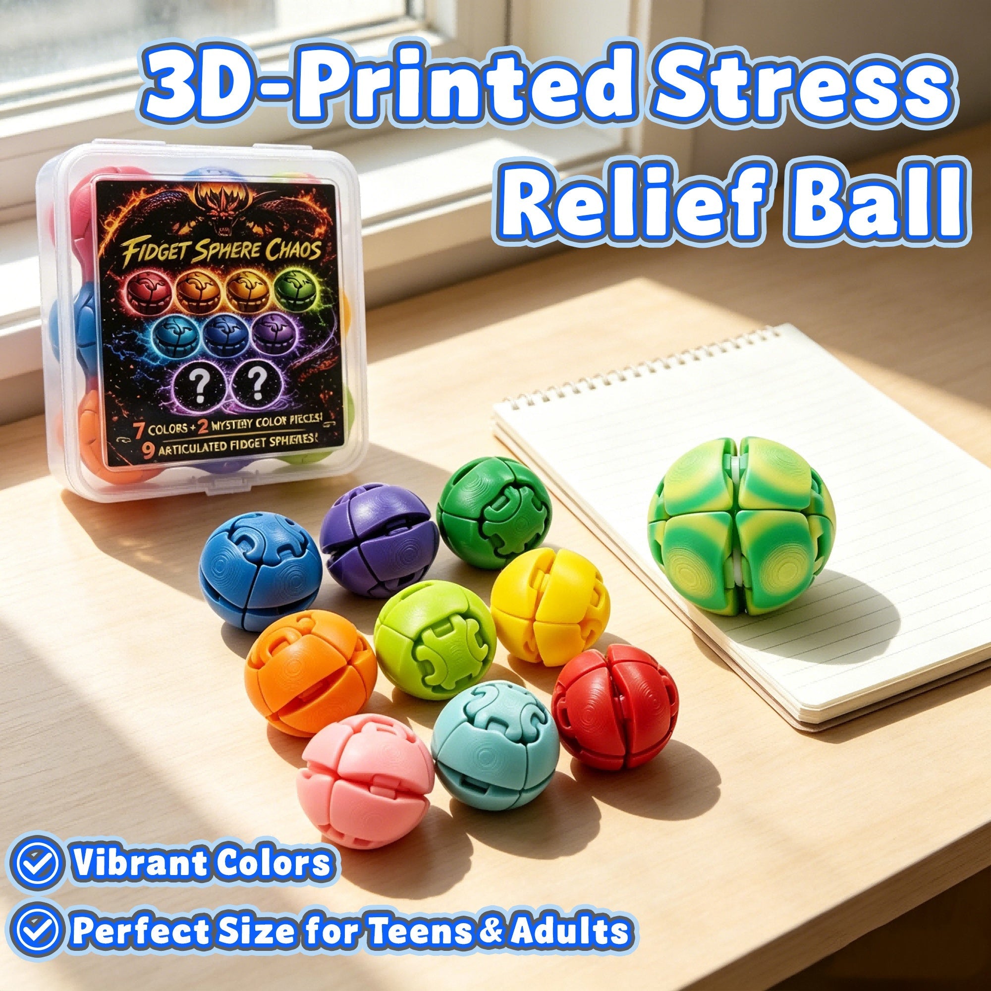 Spring Green Large 3D Printed Stress Relief Ball With 9PCS Mini Fidget Sphere Set, Transforming Press Rotate Sensory Desk Fidget Bundle