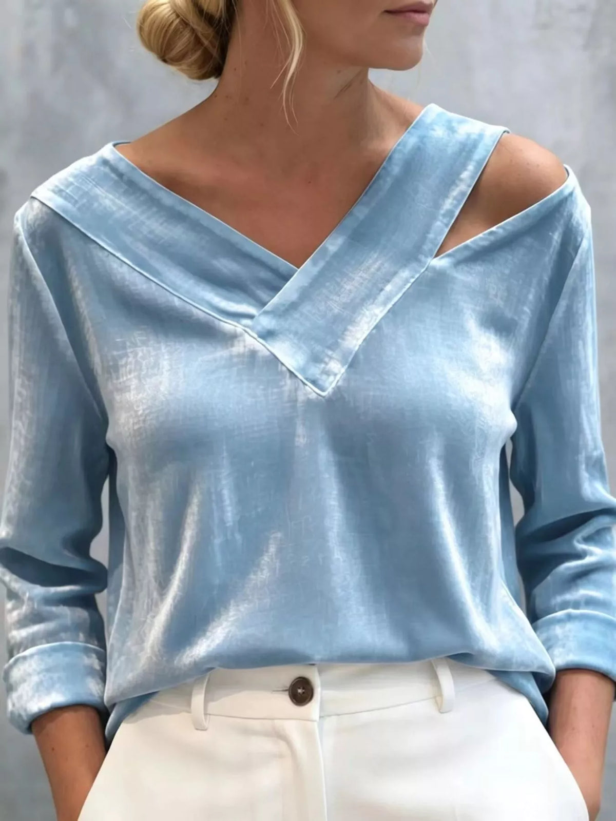 Full Size Velvet Cold-Shoulder V-Neck Blouse Plus Size