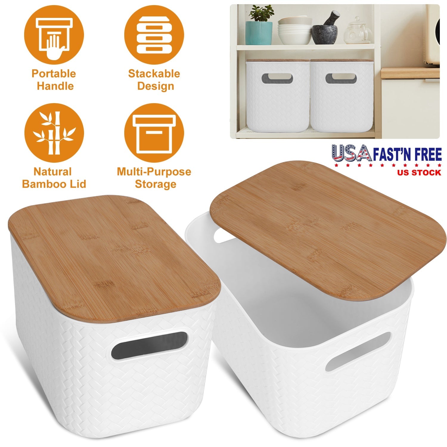 Stackable Storage Bins with Bamboo Lids - 2 Pack
